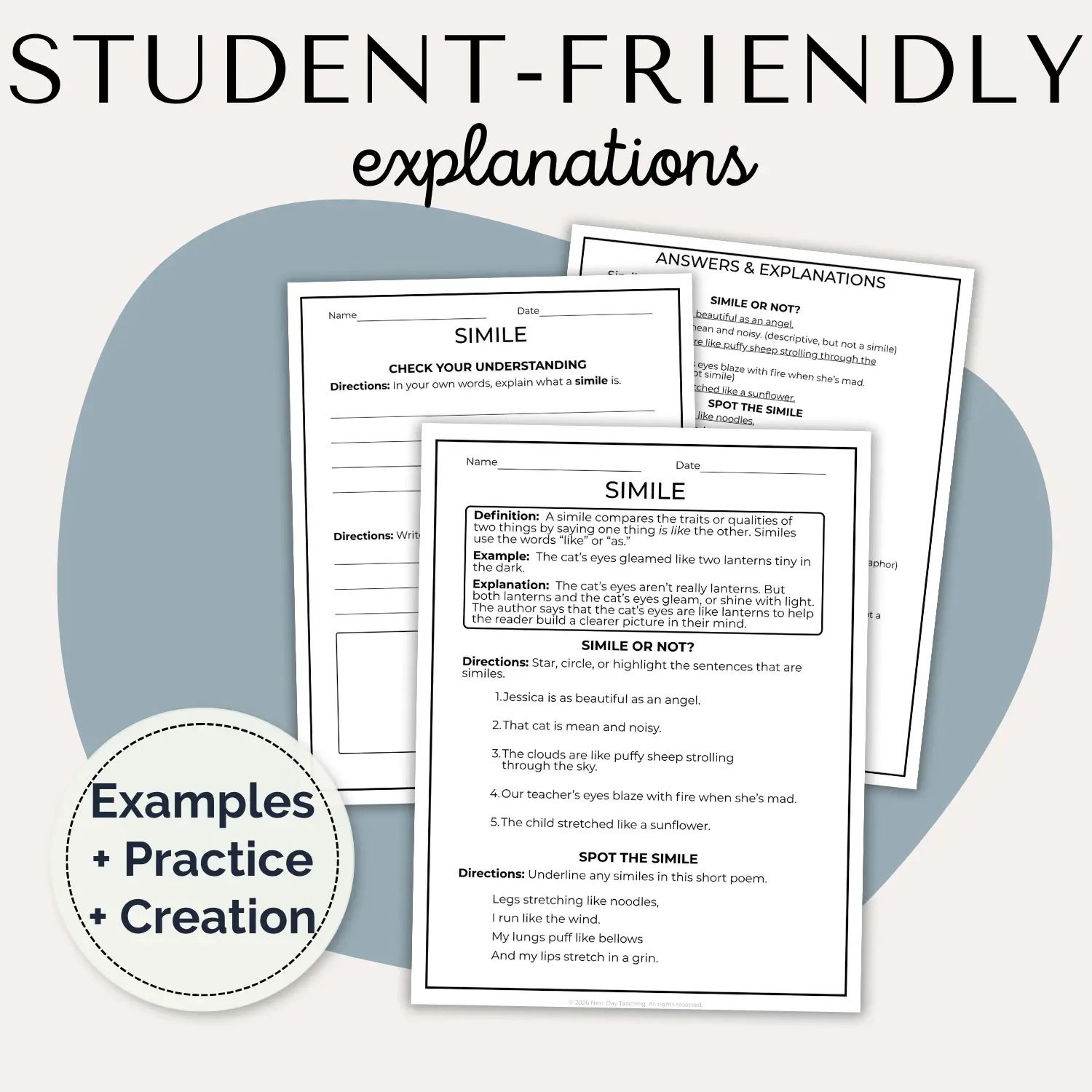 A spread of figurative language pages showing two practice pages for similes and an answer key with explanations
