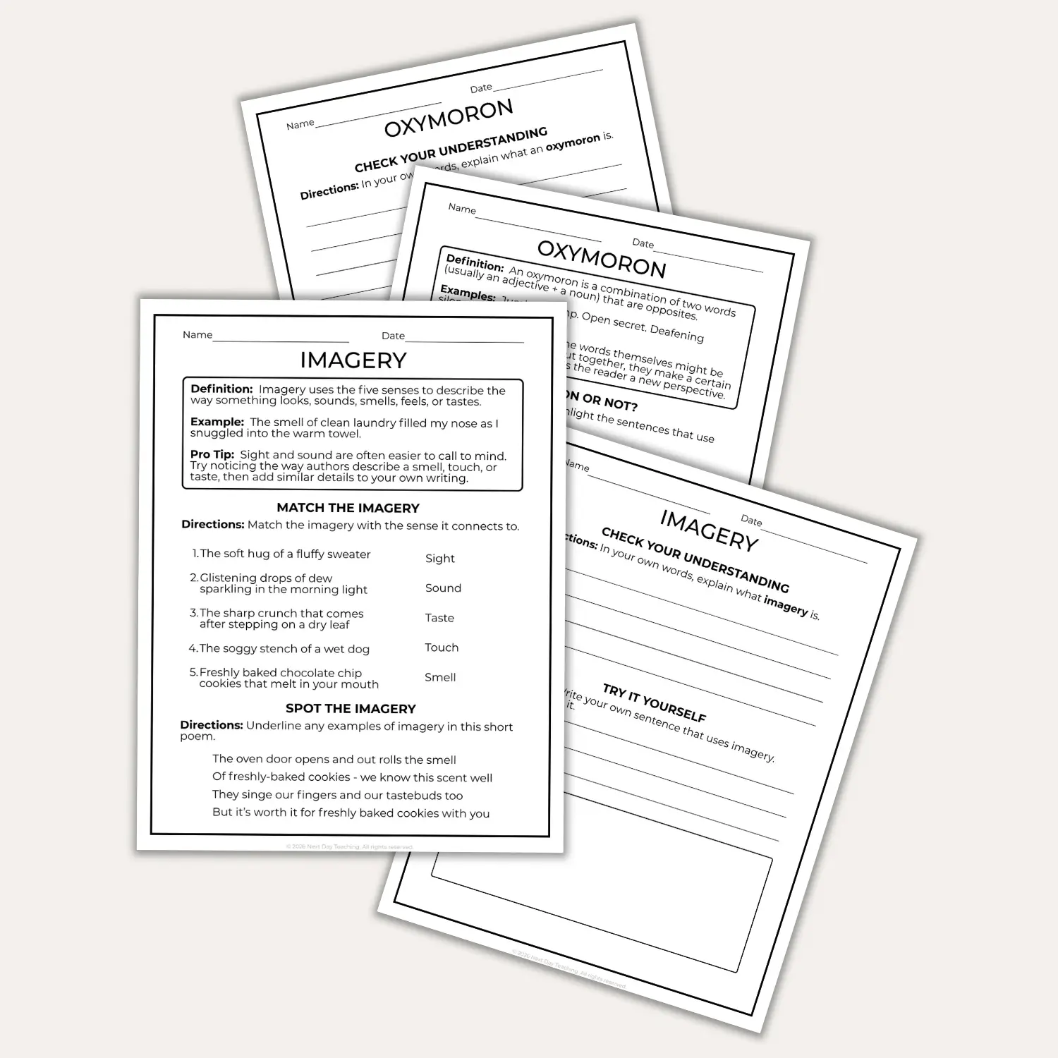 A spread of figurative language practice pages including oxymoron and imagery