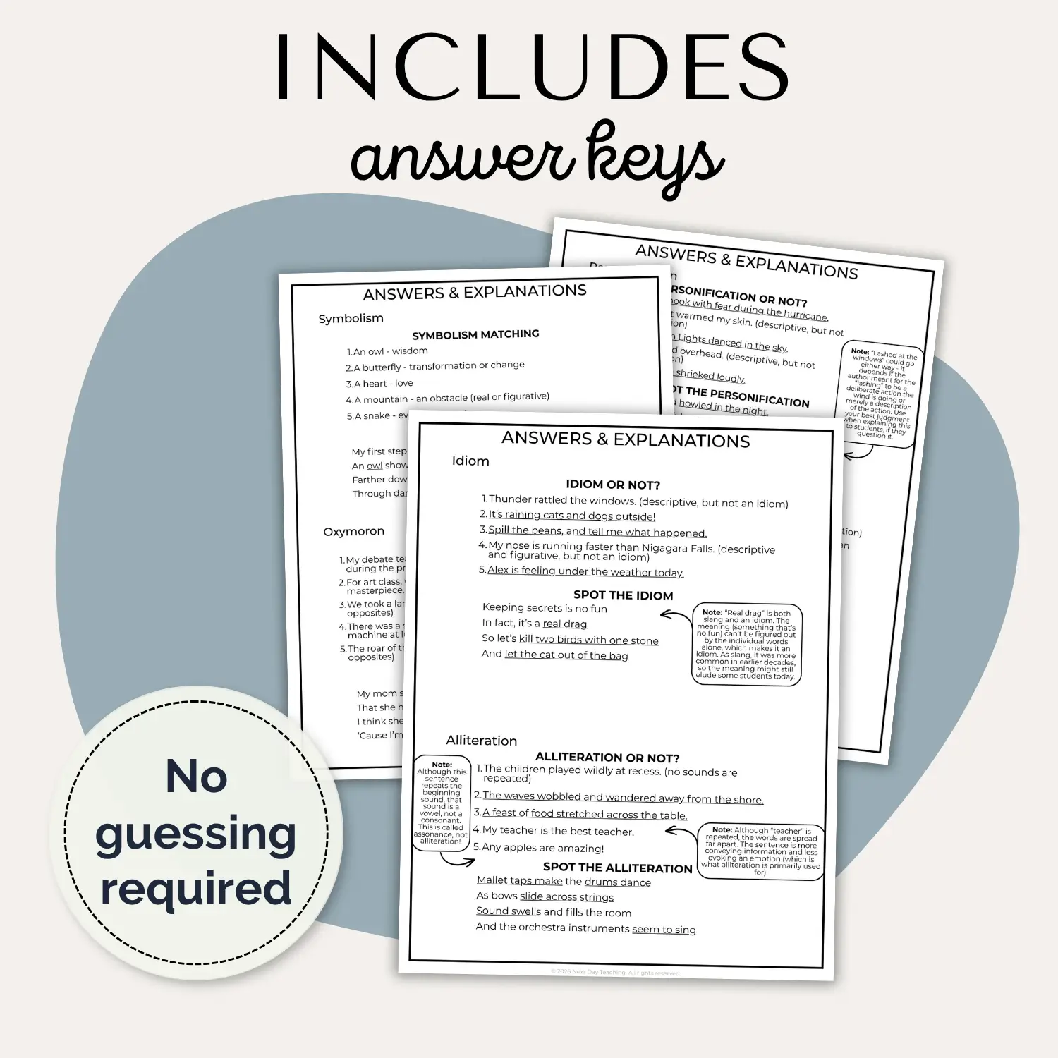 A spread of answer keys with explanations for figurative language practice pages