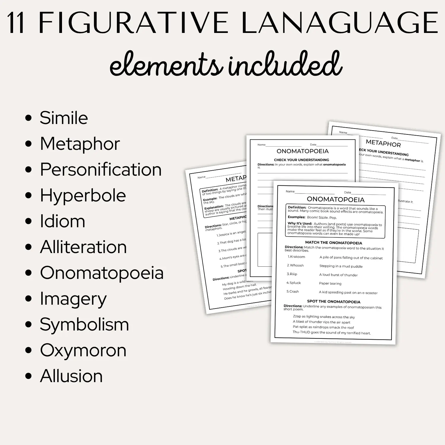 A list of the 11 types of figurative language elements included beside a spread of papers showing onomatopoeia and metaphor