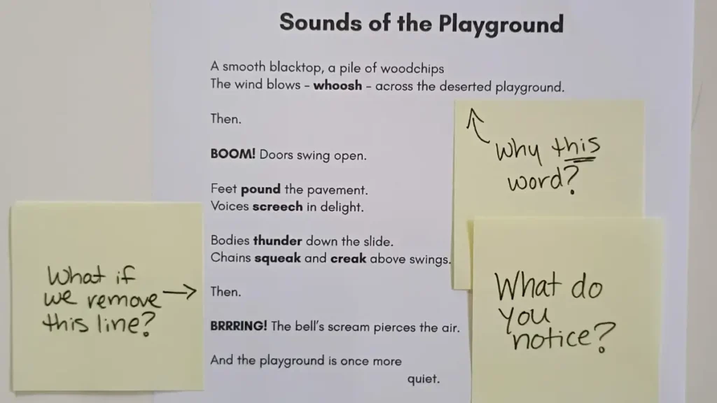 An original poem with sticky notes annotating poetry discussion questions to ask students