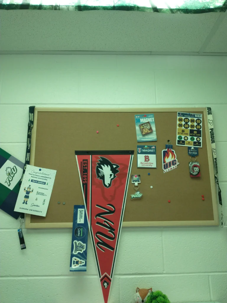 A photo of a bulletin board with college swag as prizes for an in-class gamification experience