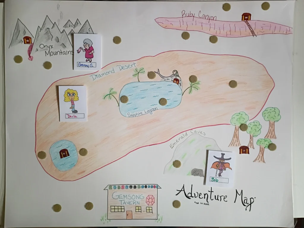 A photo of a hand-drawn adventure map with three class "avatars" for a gamified classroom experience