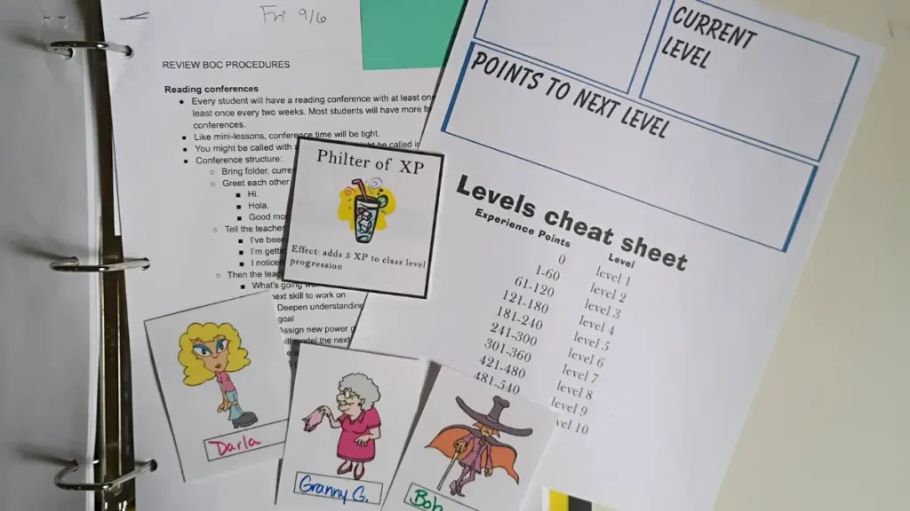 Gamification props such as class "avatars," experience point potions, and level progression charts beside a traditional, boring lesson plan about reading conferences and classroom procedures