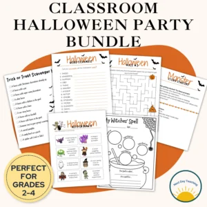 A spread of activity pages from a classroom Halloween party bundle suitable for grades 2-4