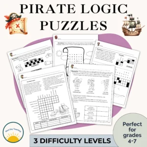 A spread of pages from the pirate logic puzzle set showing three difficulty levels and perfect for grades 4-7
