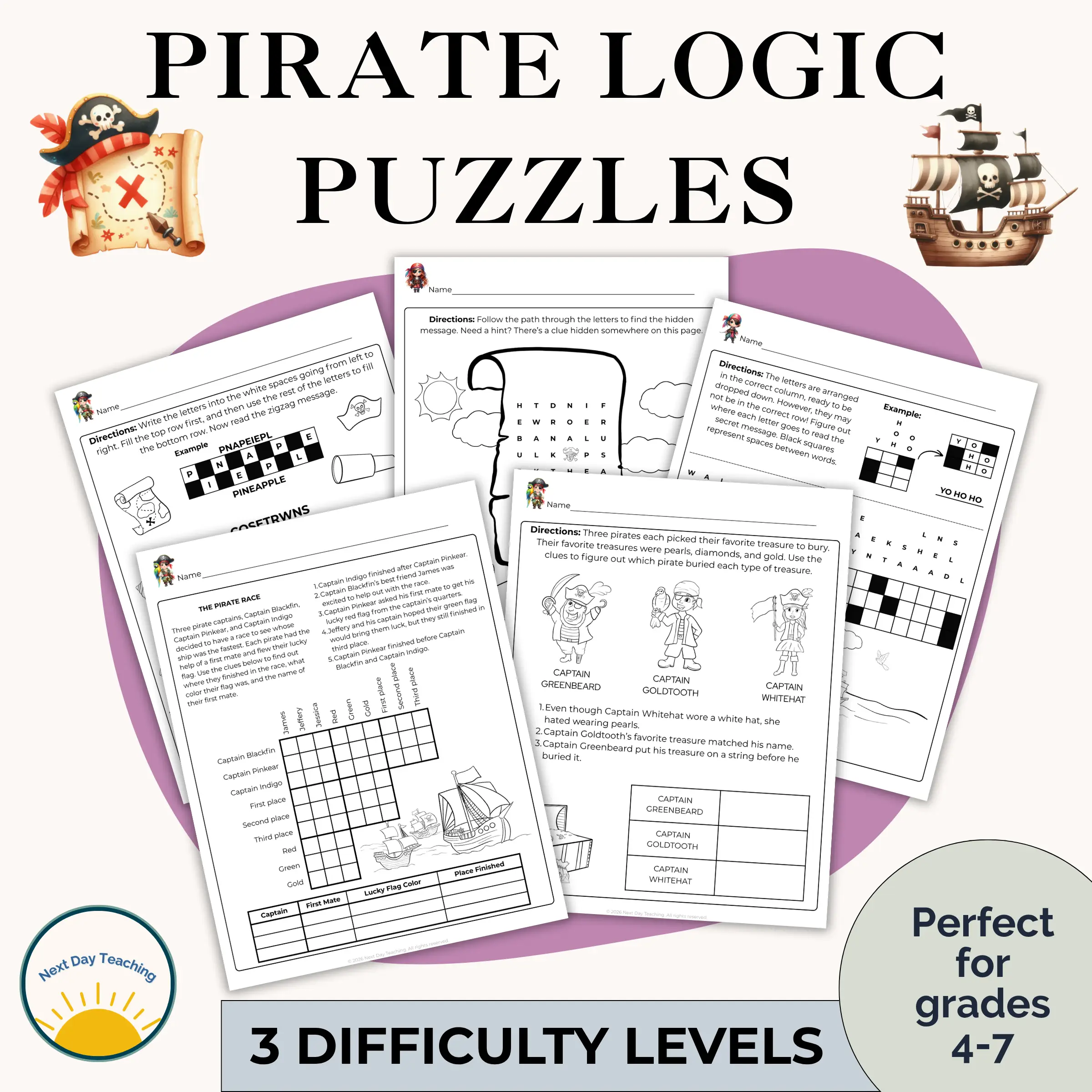 A spread of pages from the pirate logic puzzle set showing three difficulty levels and perfect for grades 4-7
