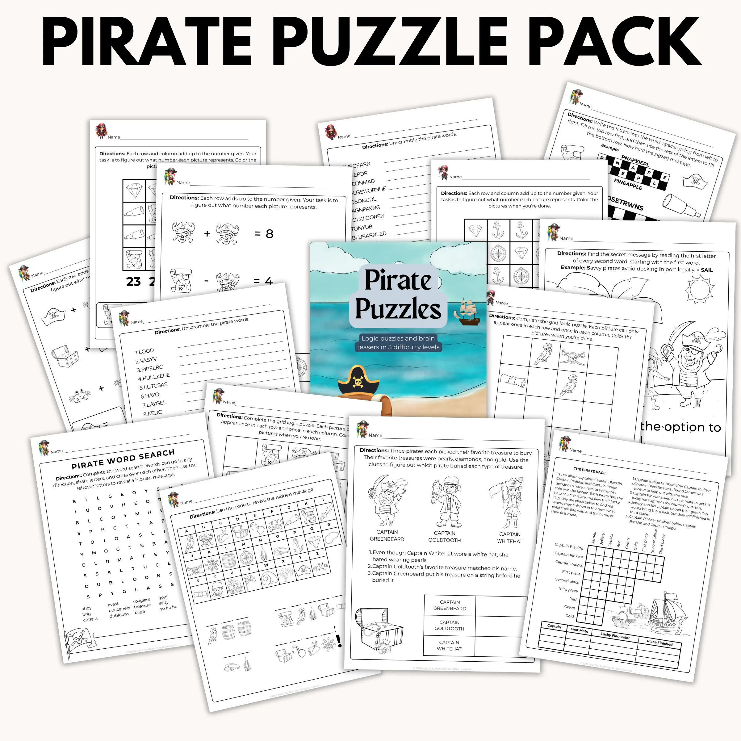 A spread of the pages included in the pirate logic puzzle pack including codes, logic grids, ciphers, and word searches