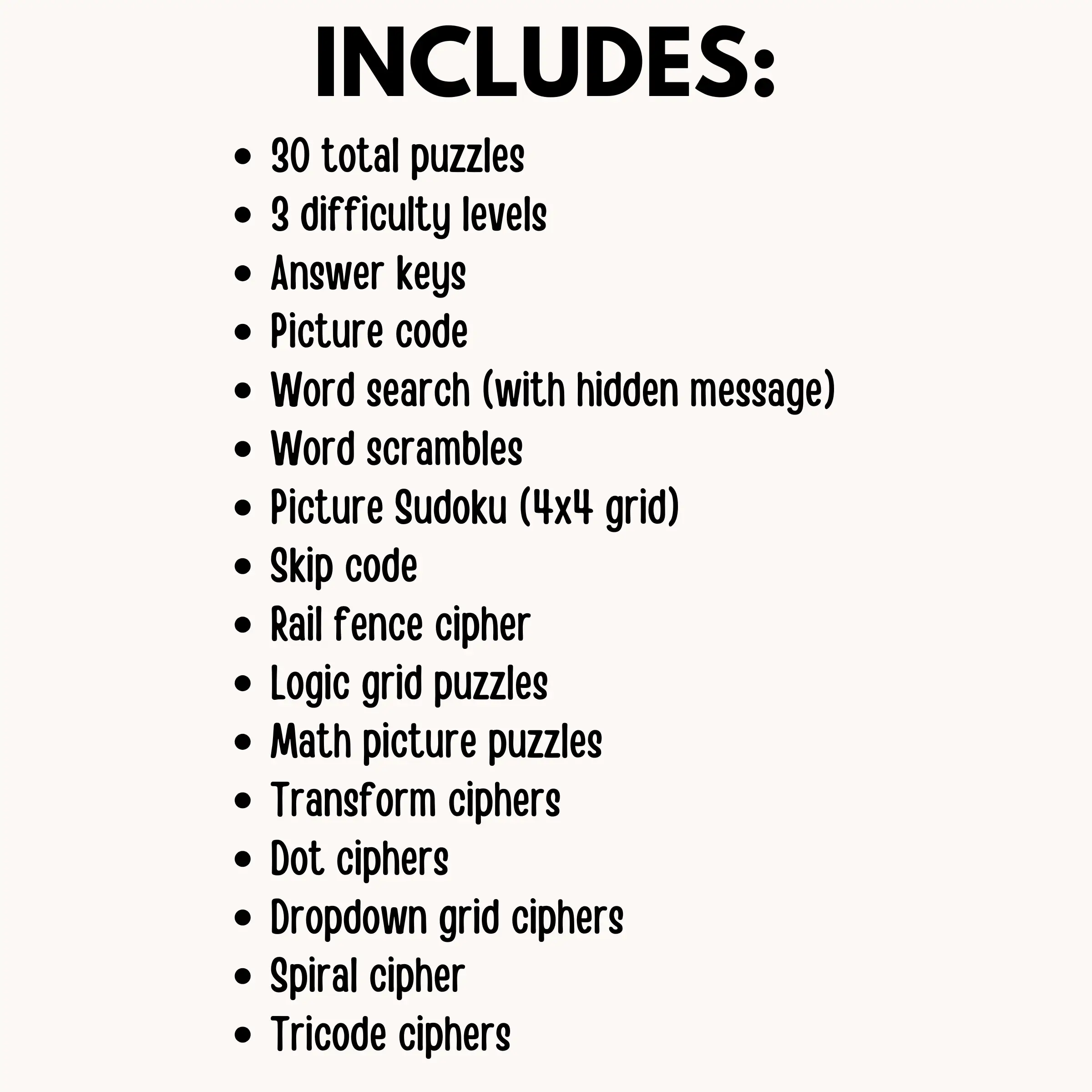 A list of all the puzzle types included in the pirate logic puzzle set including 30 total puzzles and answer keys
