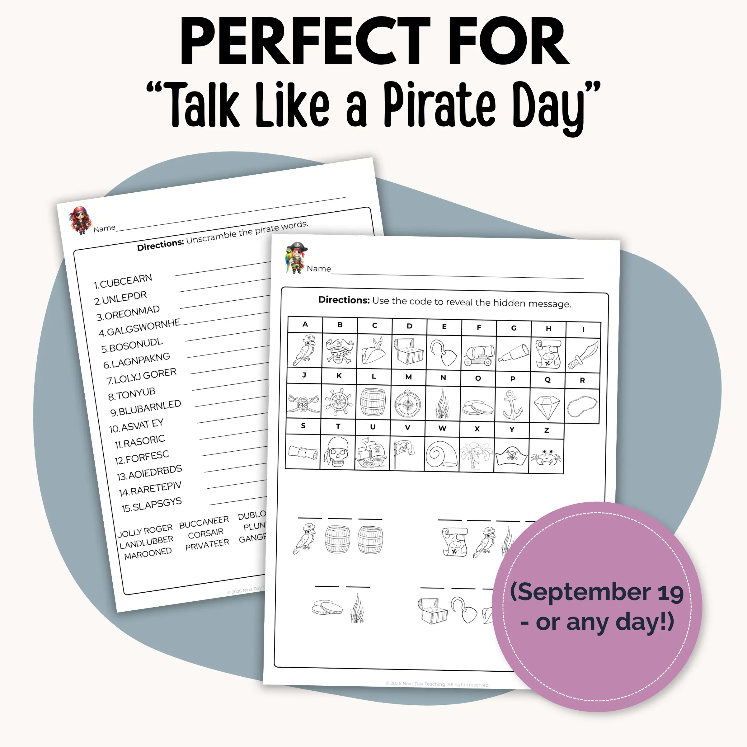 Two pirate logic puzzle pages perfect for "talk like a pirate day" or any day for kids to work on critical thinking