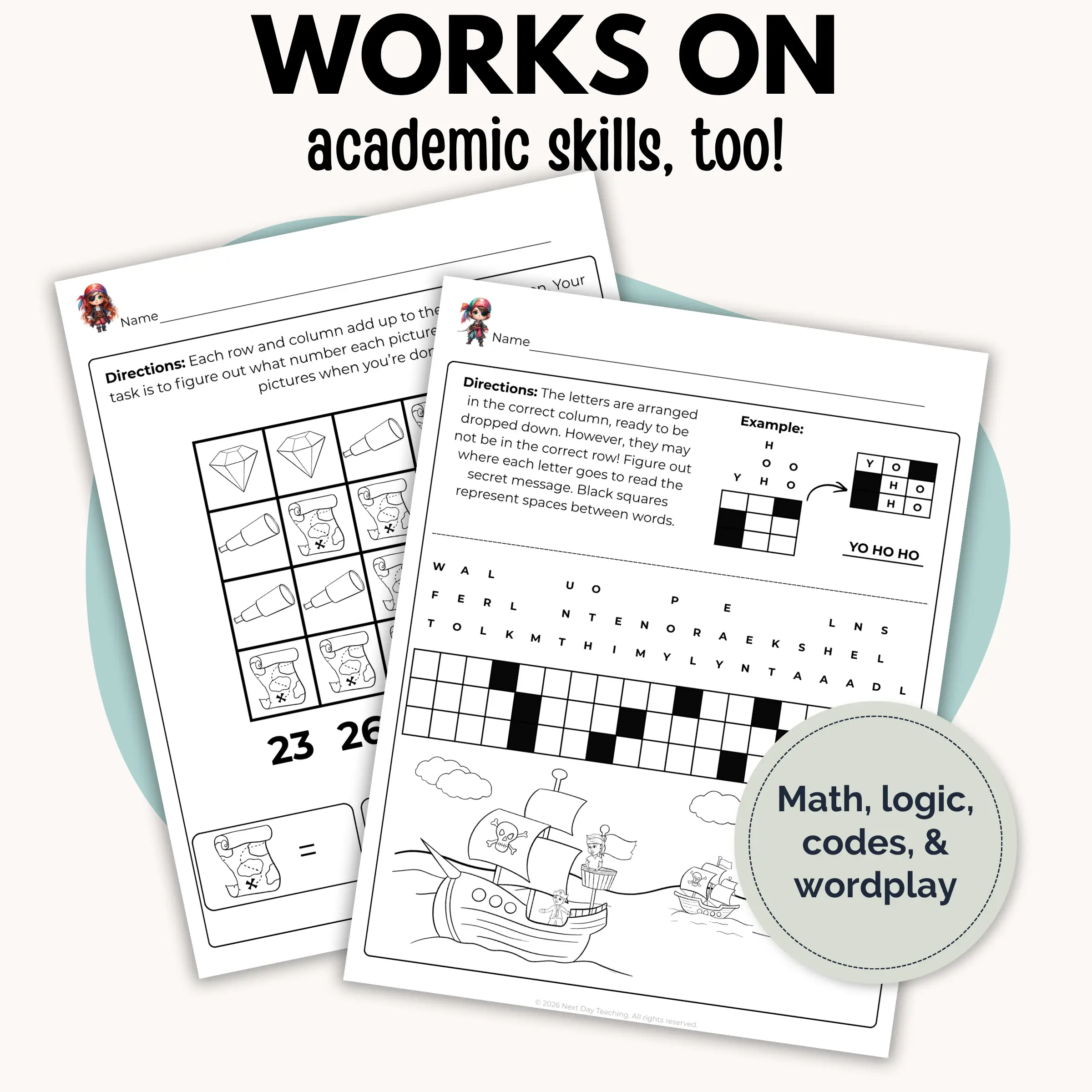 Two pirate logic puzzle pages that work on academic skills like math and wordplay