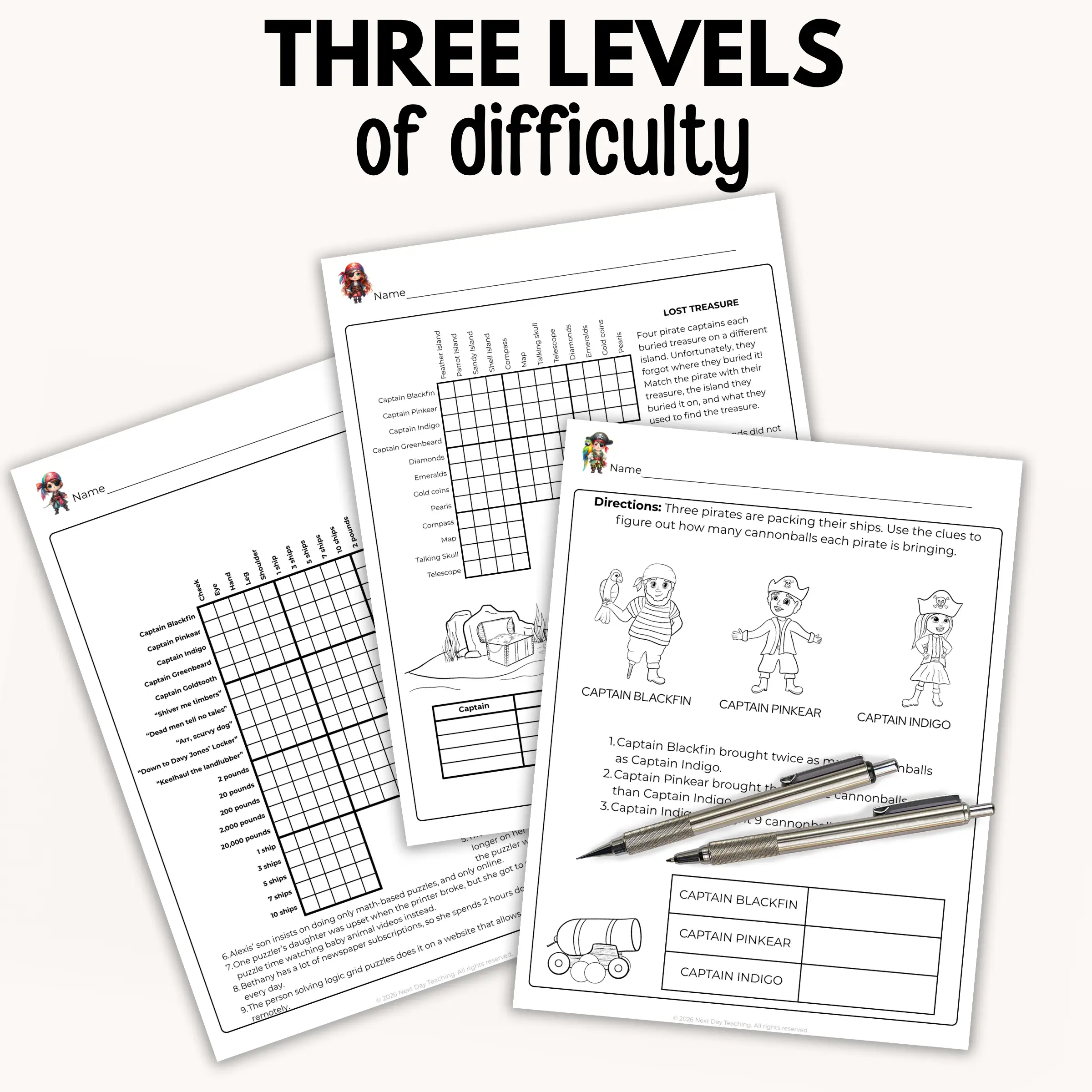 A spread of three logic grid puzzles at three levels of difficulty