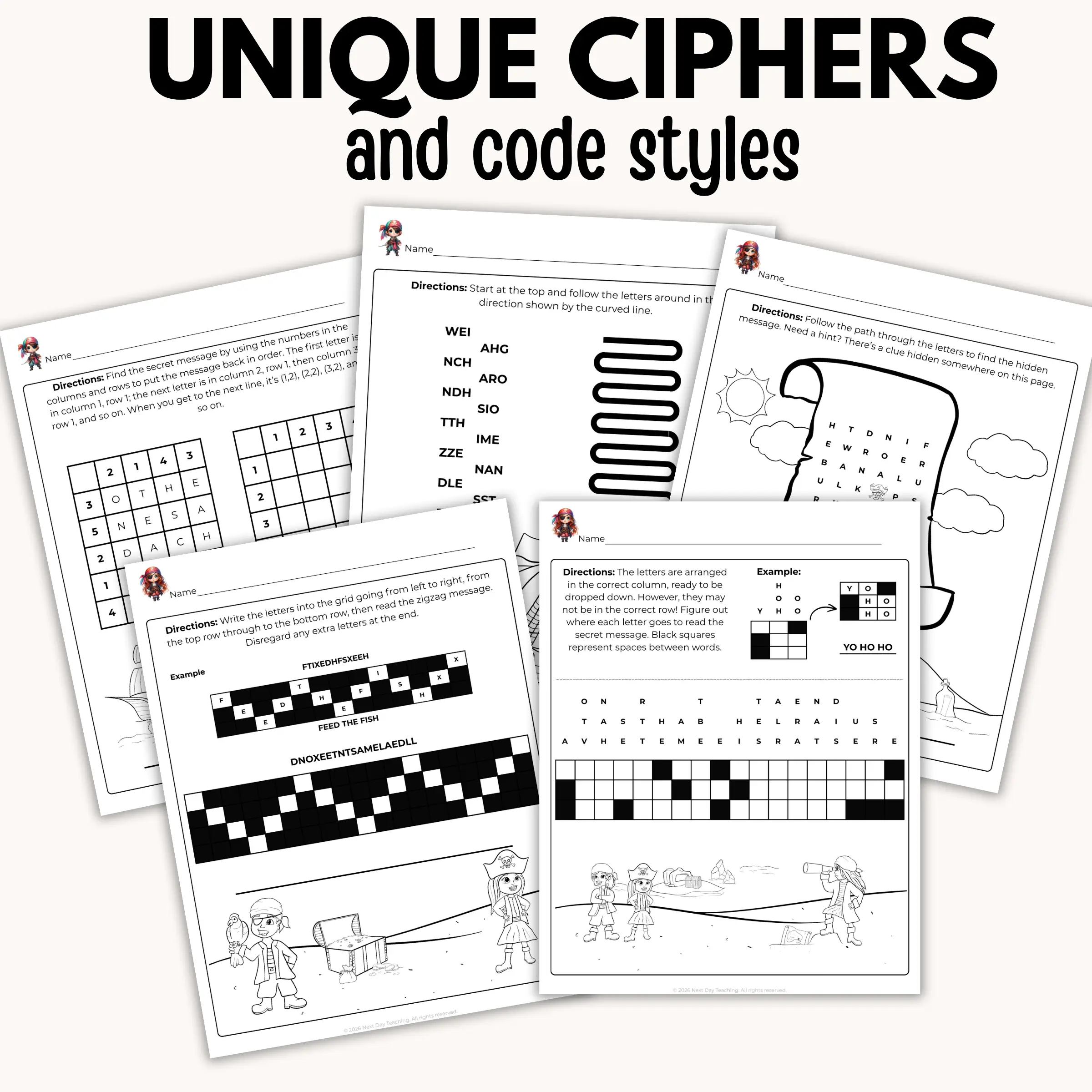 A spread of unique ciphers and code styles in the pirate logic puzzle set