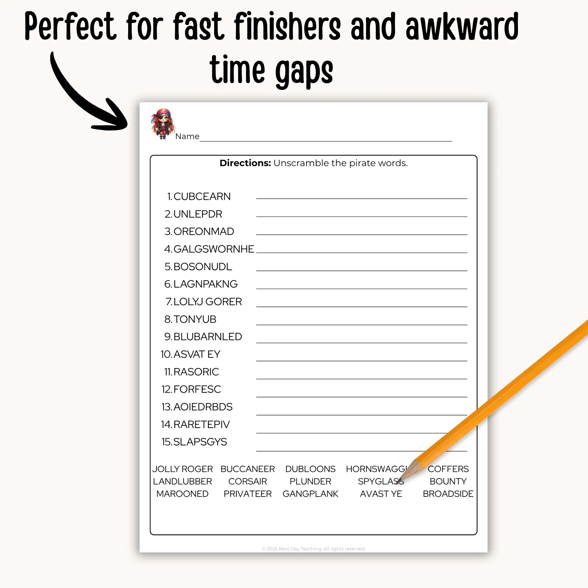 A pirate word scramble to fill awkward time gaps and engage fast finishers