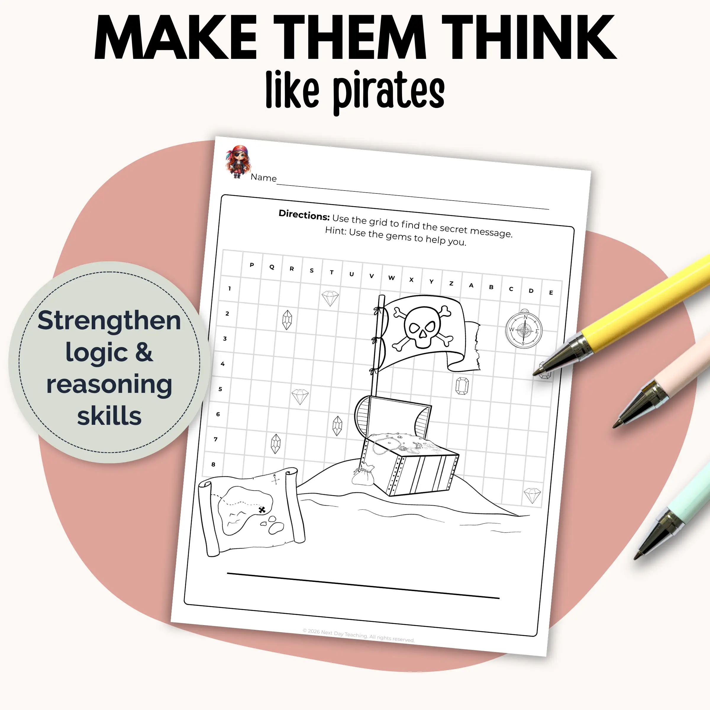 A pirate themed dot cipher puzzle to help kids work on logic and reasoning skills