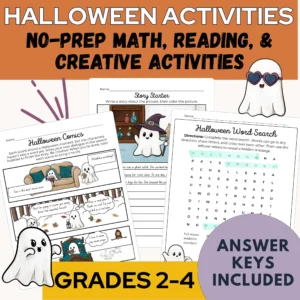 A spread of sample pages from the Halloween activities set for grades 2-4 including a story starter, comic strip, and word search