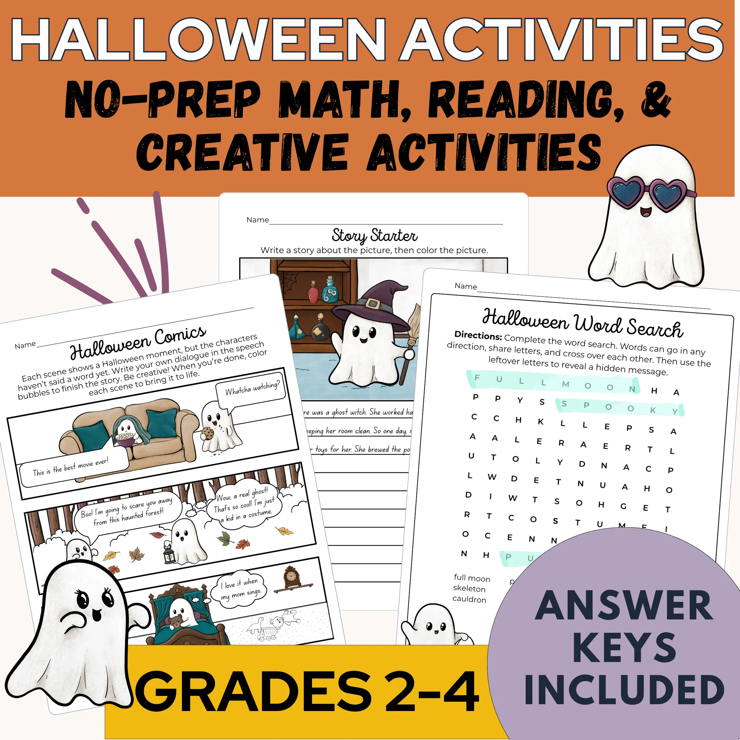 A spread of sample pages from the Halloween activities set for grades 2-4 including a story starter, comic strip, and word search