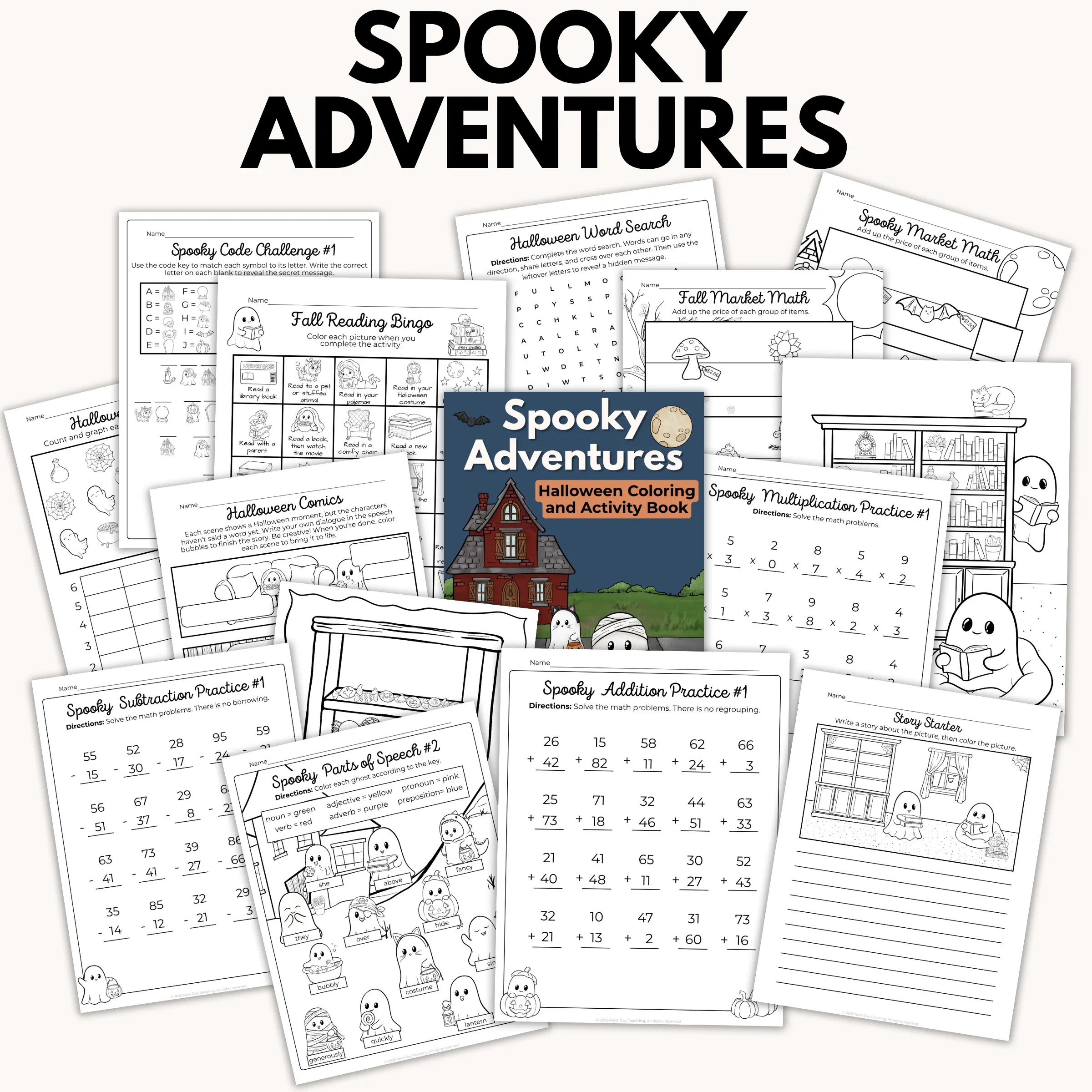 A spread of pages included in the spooky adventures Halloween coloring and activity set for grades 2-4
