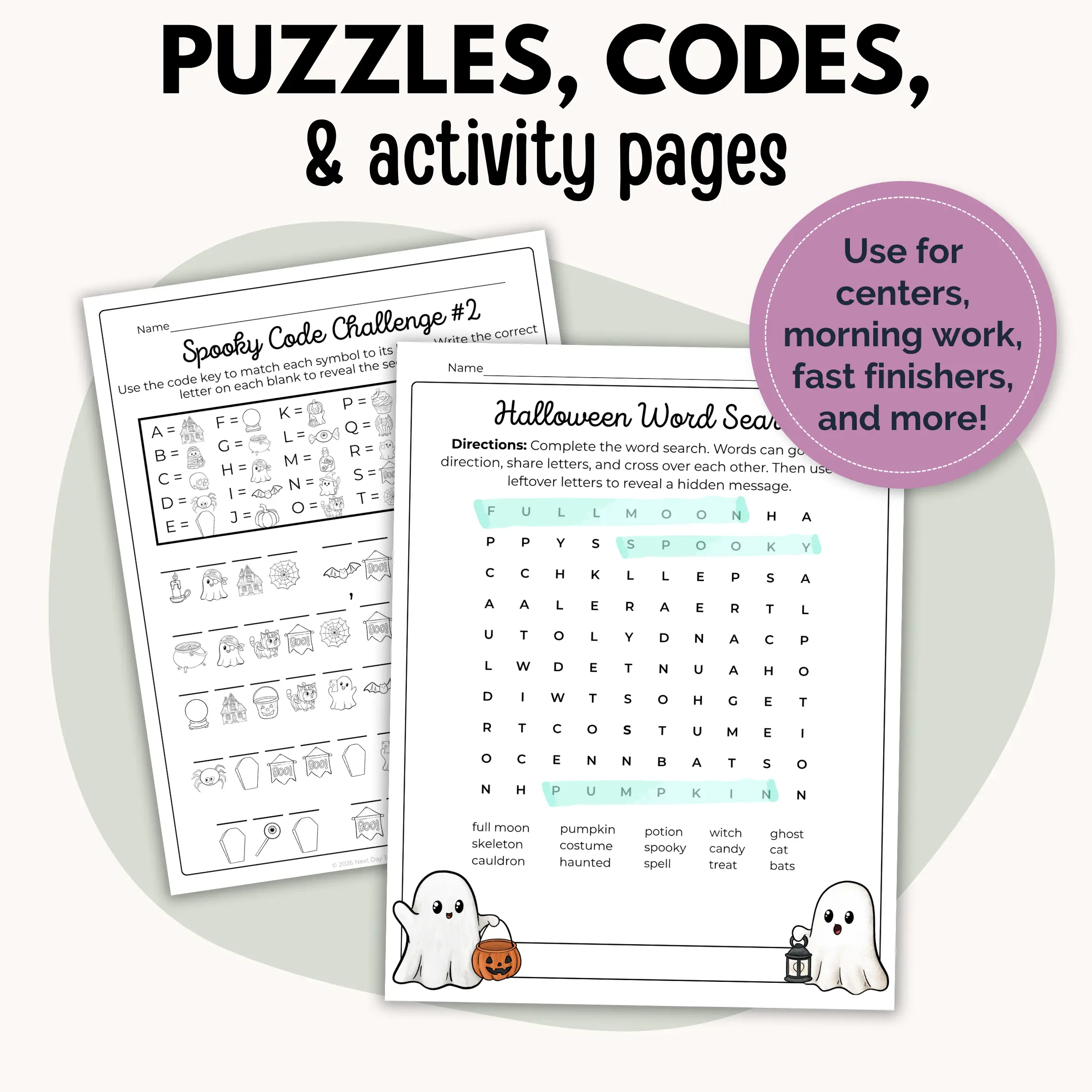 Sample Halloween word search and picture code for centers, morning work, or fast finishers