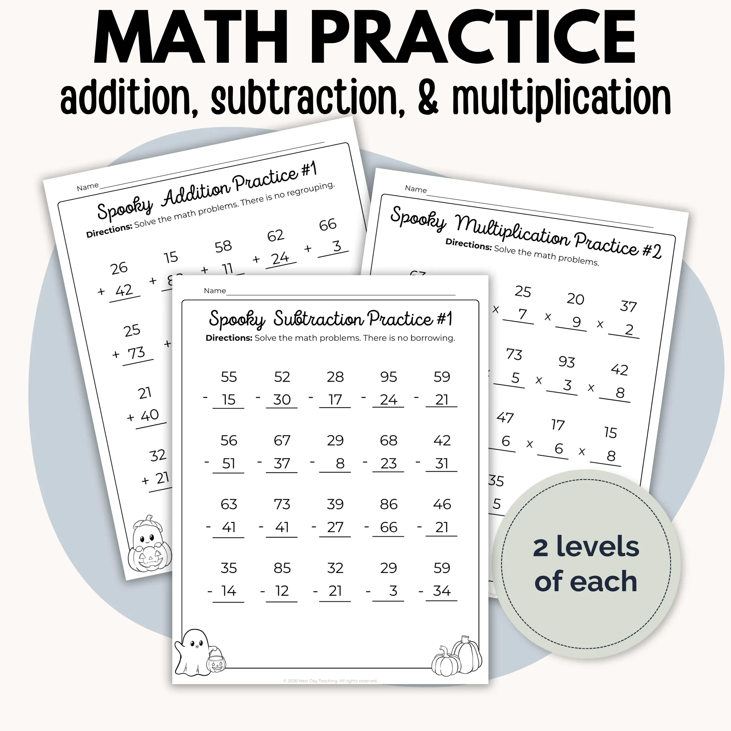Halloween math practice pages for subtraction, addition, and multiplication with text indicating that there are 2 levels of each