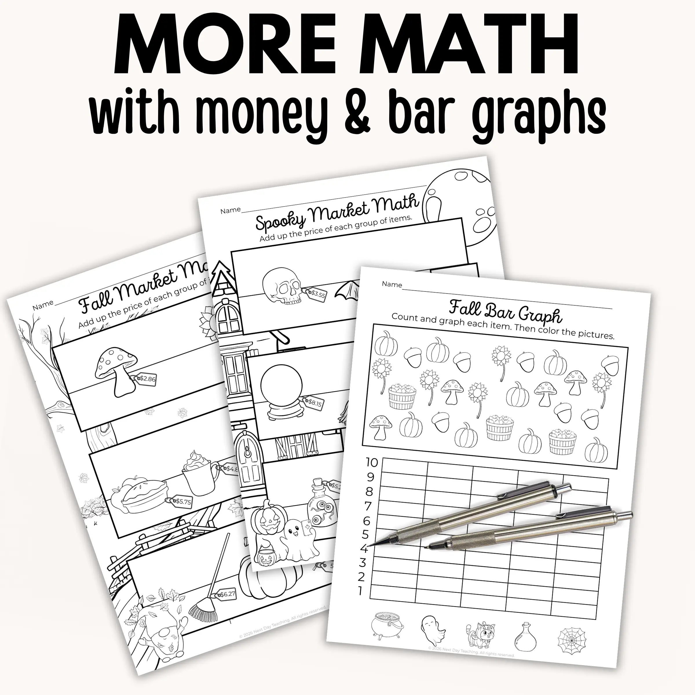 Money math and bar graph pages from the Halloween activities set for grades 2-4