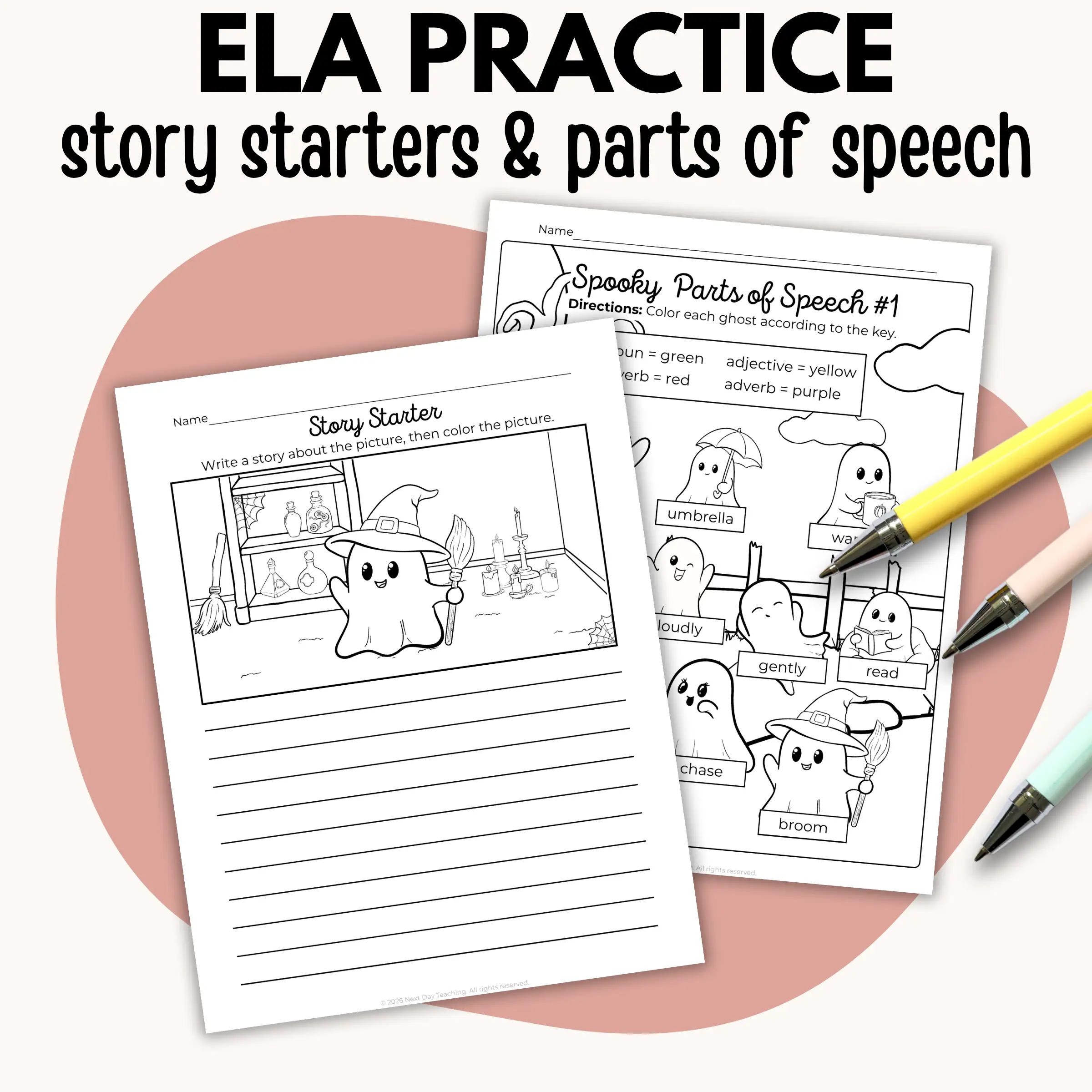 ELA practice pages including a story starter with a blackline picture to color in and a parts of speech practice page including noun, verb, adjective, and adverb