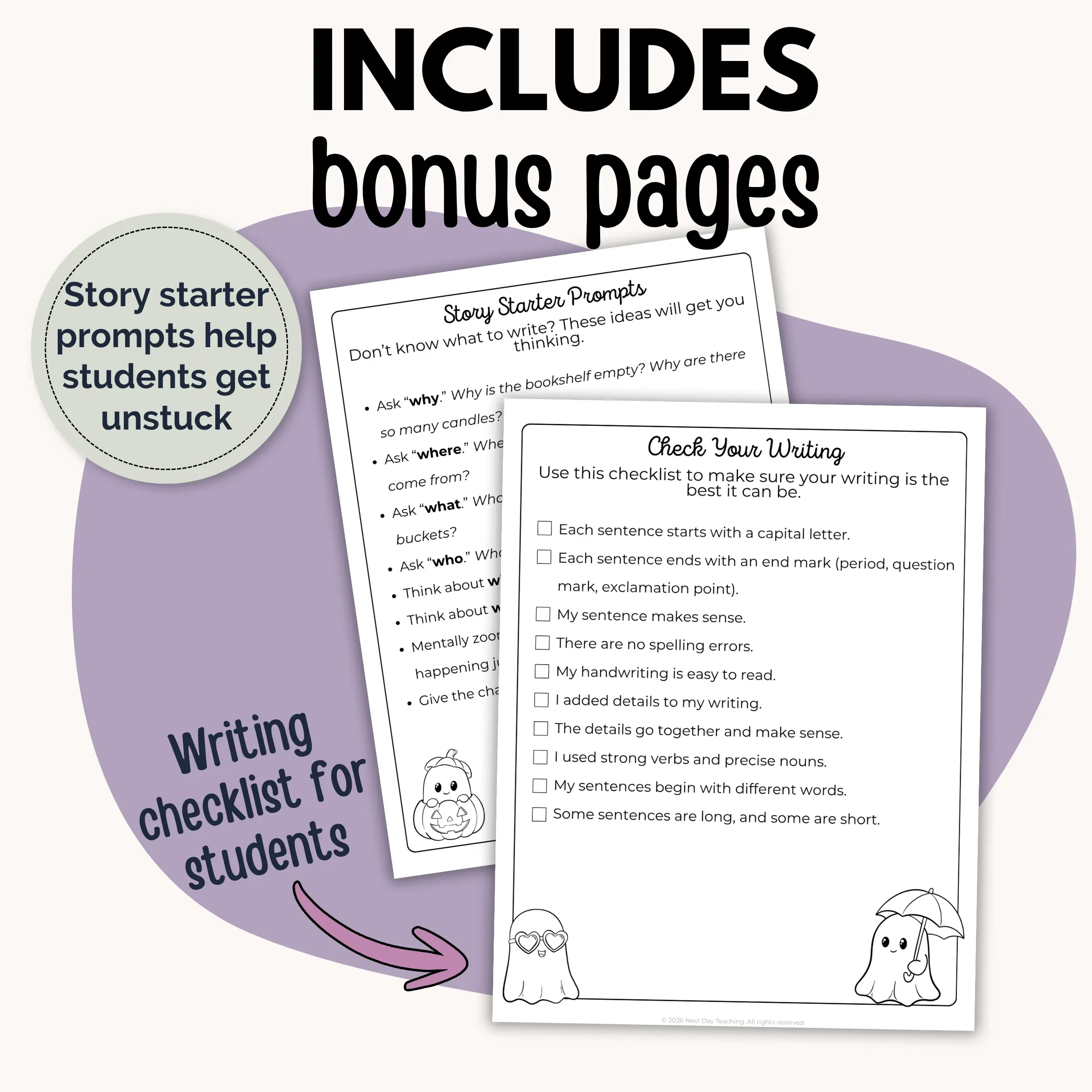 Bonus pages included in the Halloween activity set including story starter prompts and a writing checklist for students