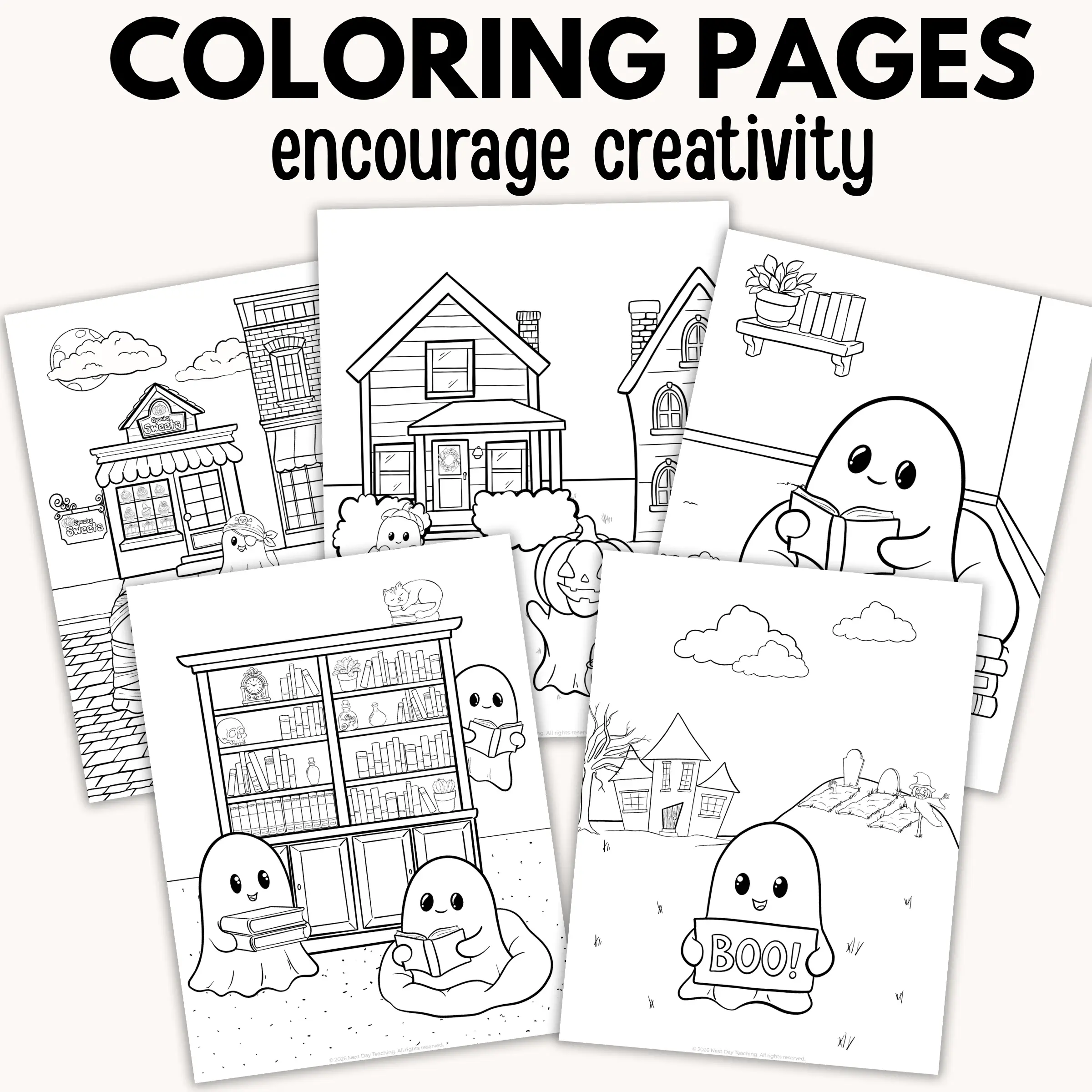 A spread of coloring pages included in the Halloween activity set for grades 2-4