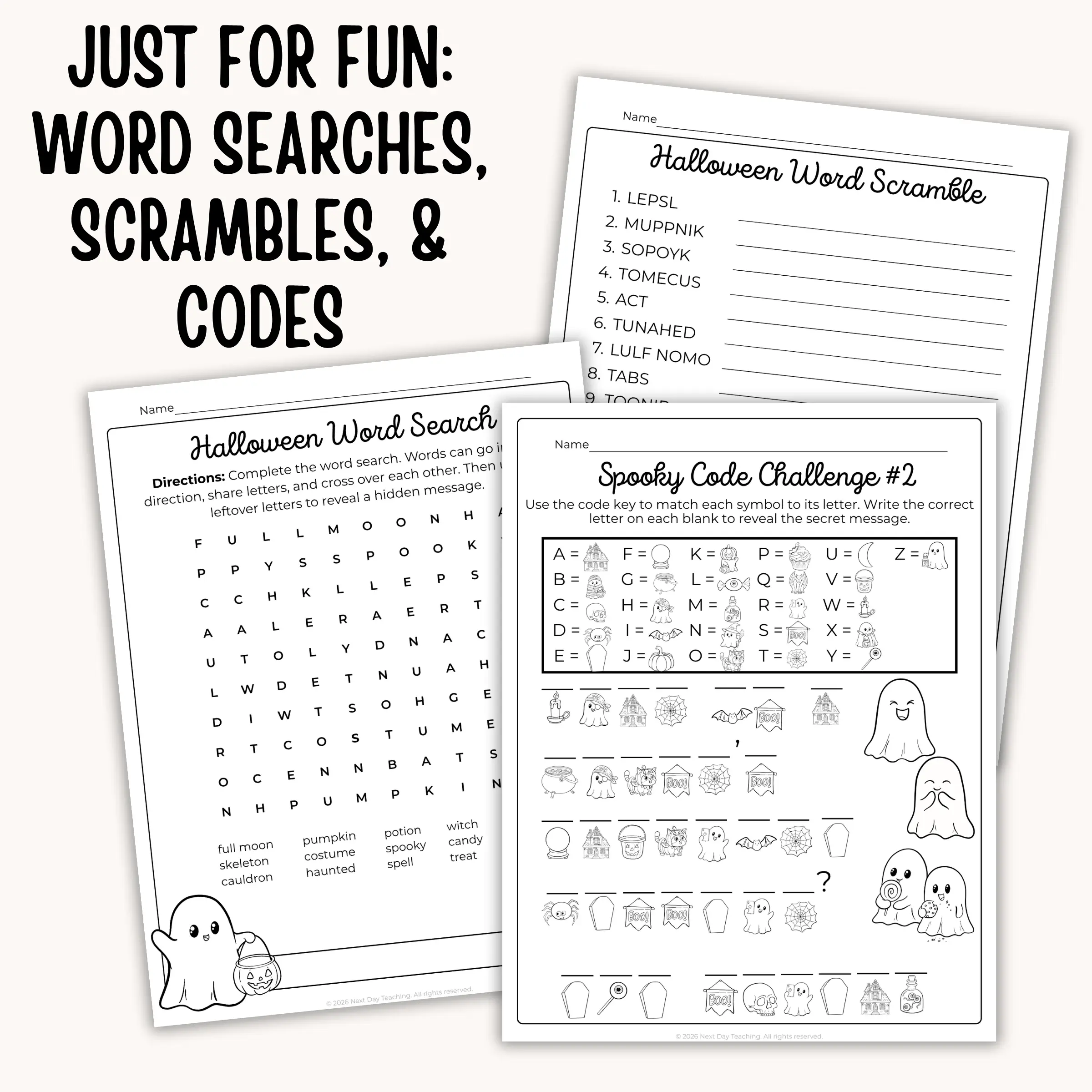 Fun pages included in the Halloween activity set including a word scramble, word search, and picture code challenge intended for grades 2-4