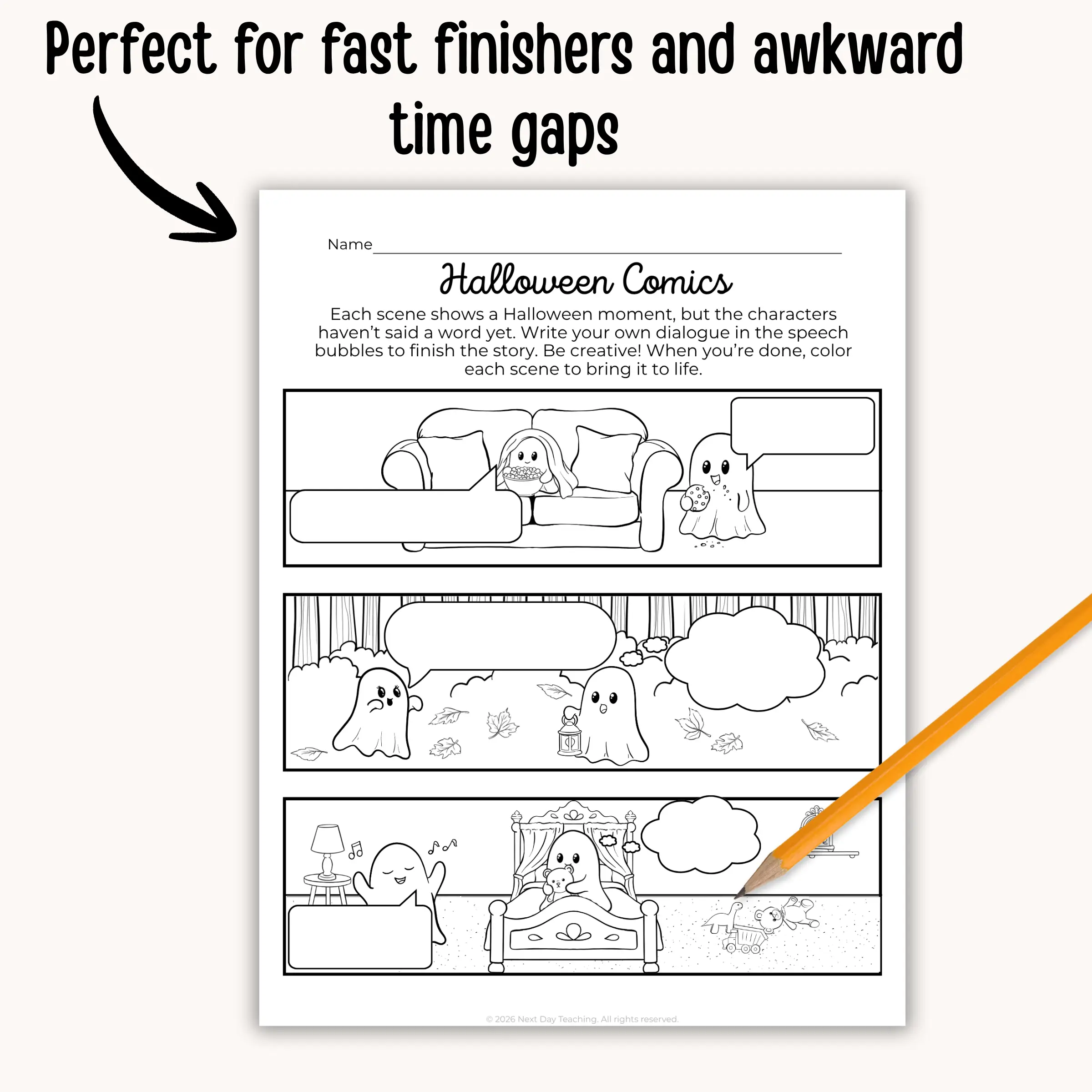 A Halloween comic page with missing dialogue perfect for fast finishers and awkward time gaps