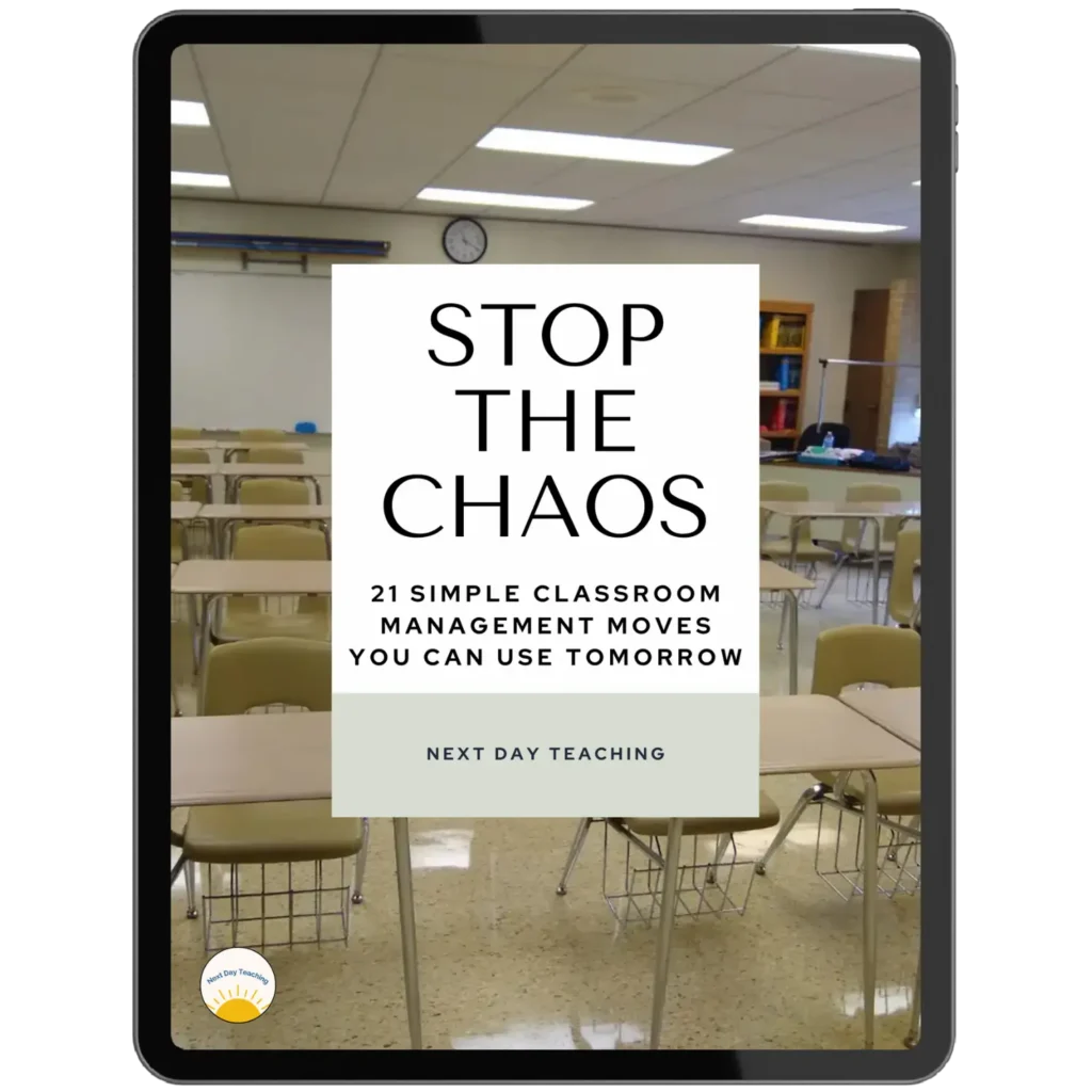 The cover of a classroom management ebook titled Stop the Chaos on a mockup of a tablet