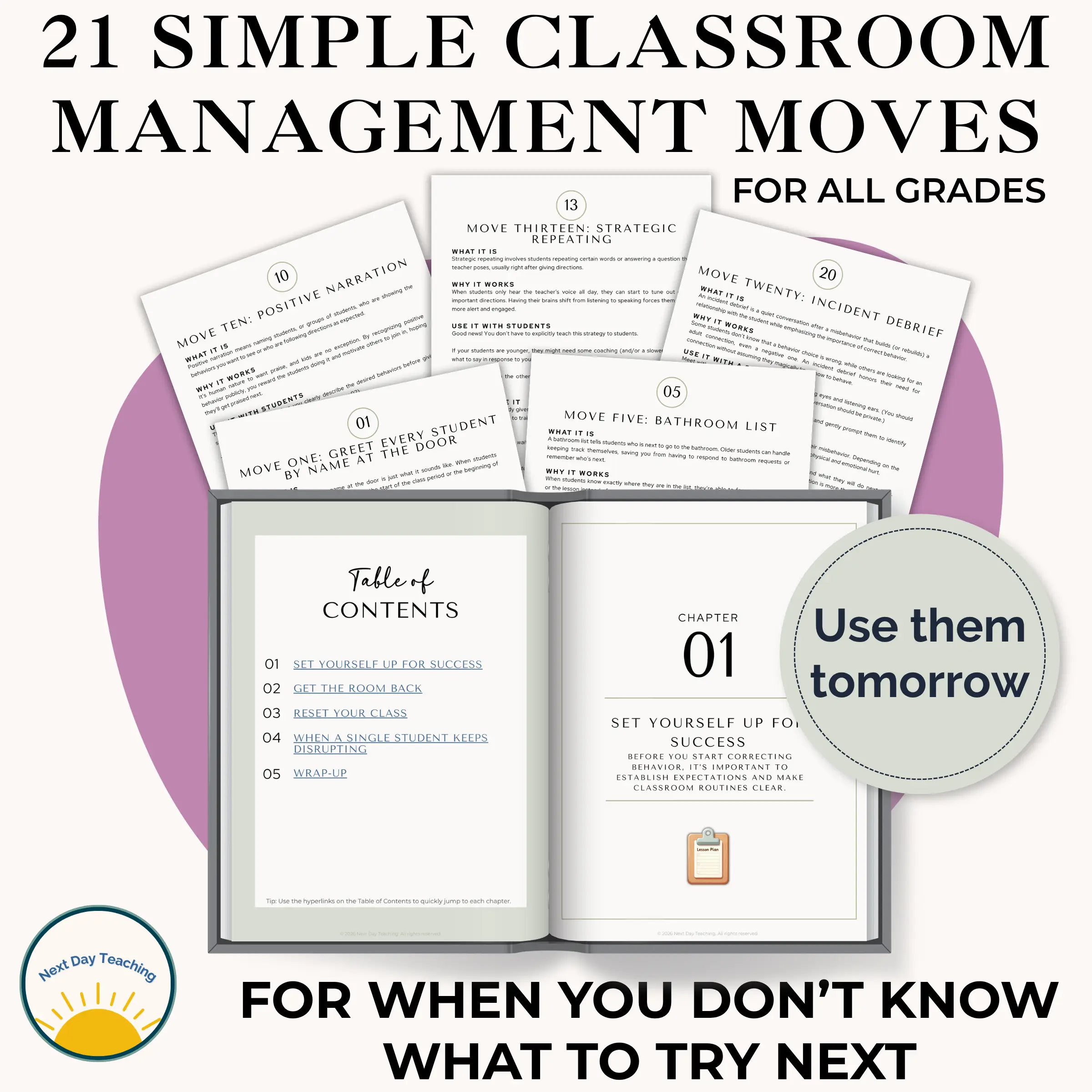 A spread of pages showcasing classroom management strategies that can be used tomorrow