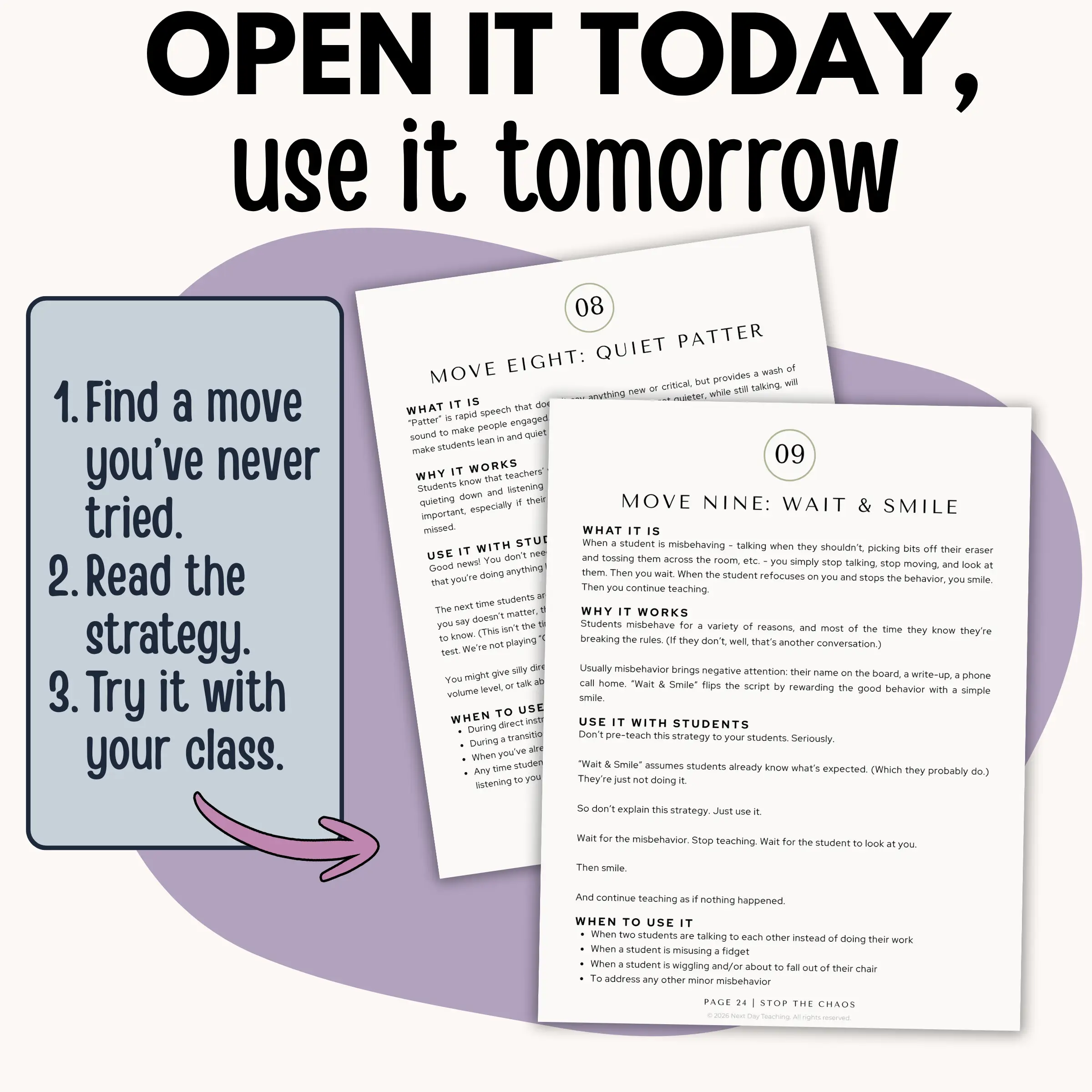 Suggested use for the classroom management strategies including find a move you've never tried and use it tomorrow