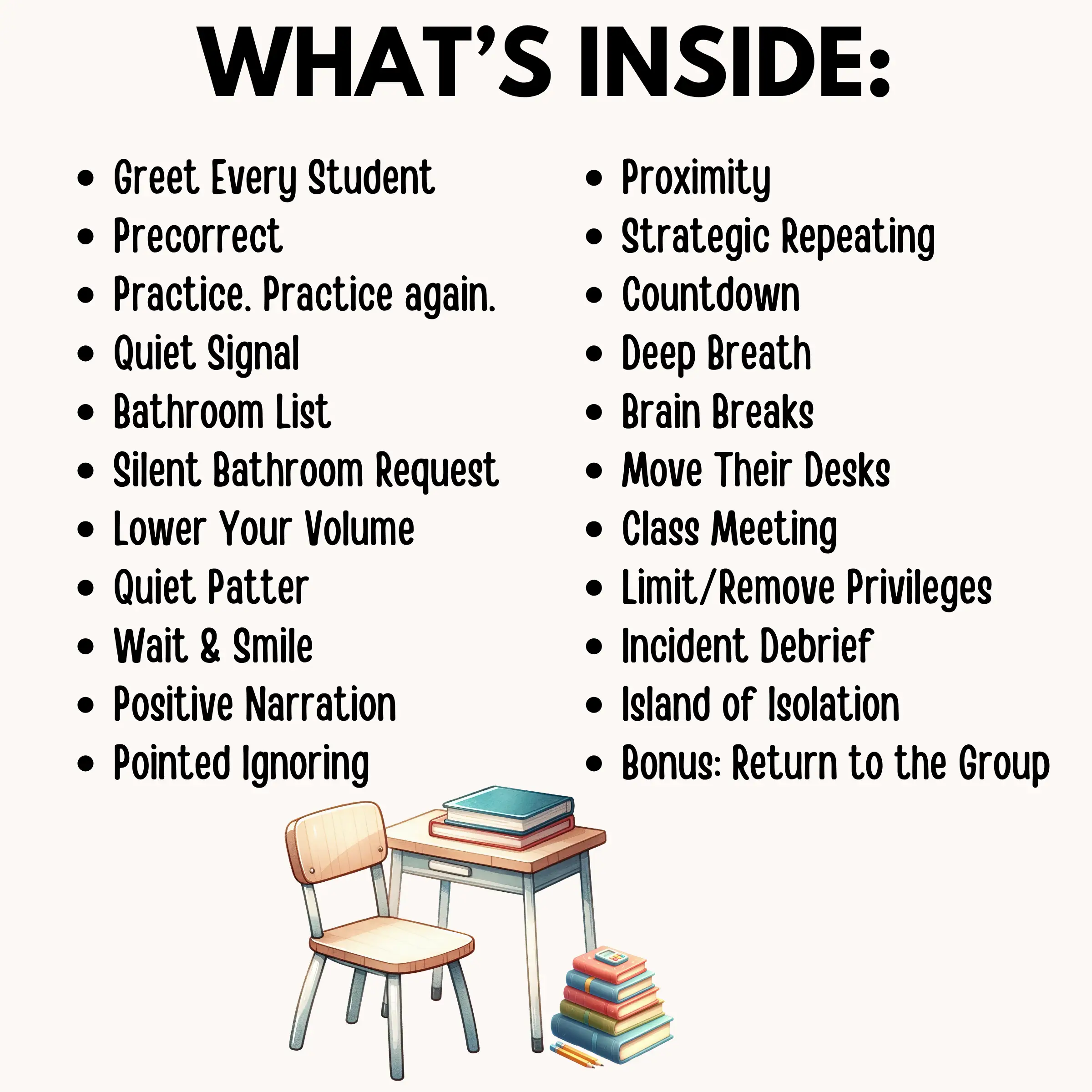 A list of the classroom management strategies found inside the Stop the Chaos book