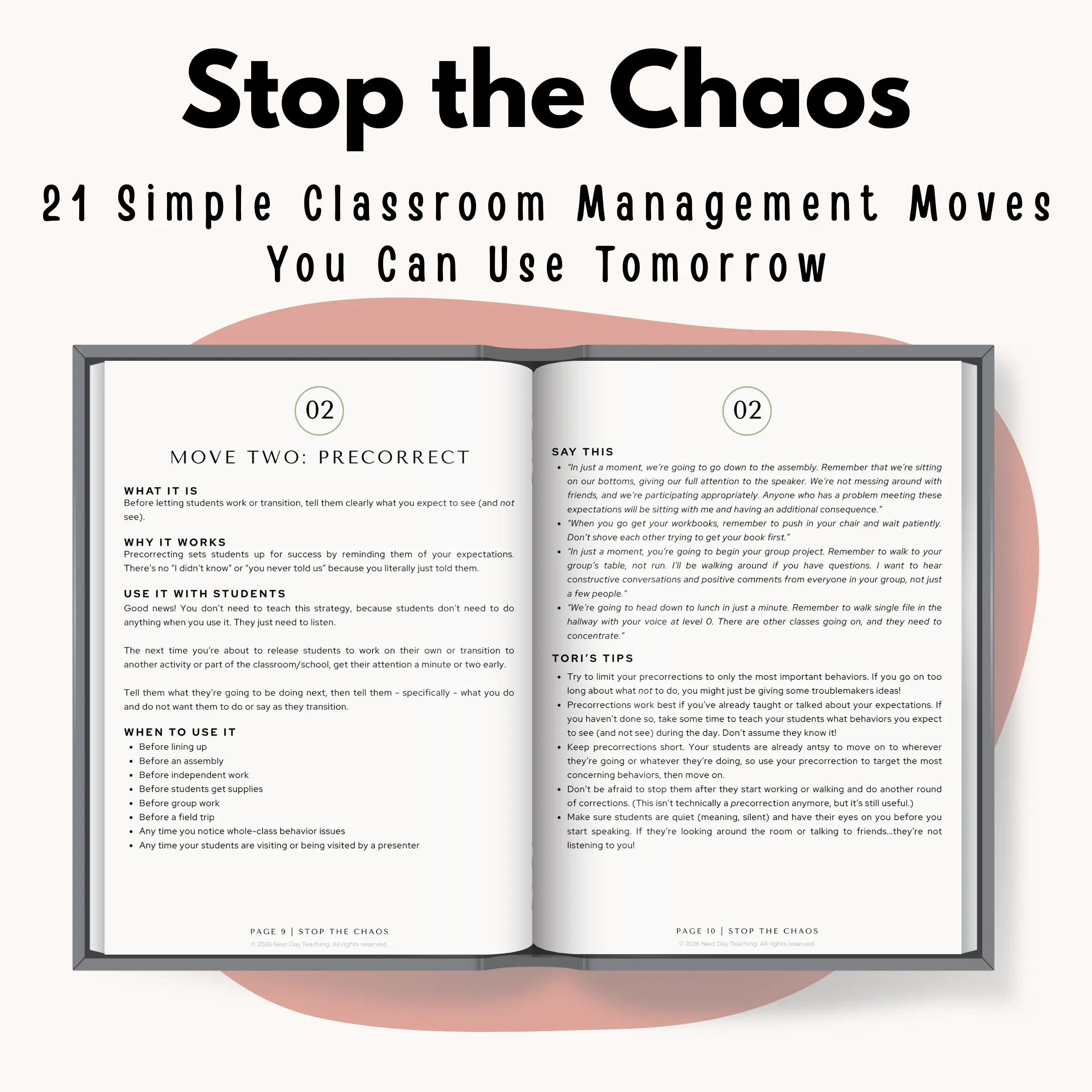 An open mockup showing a strategy found in the Stop the Chaos classroom management strategy guide