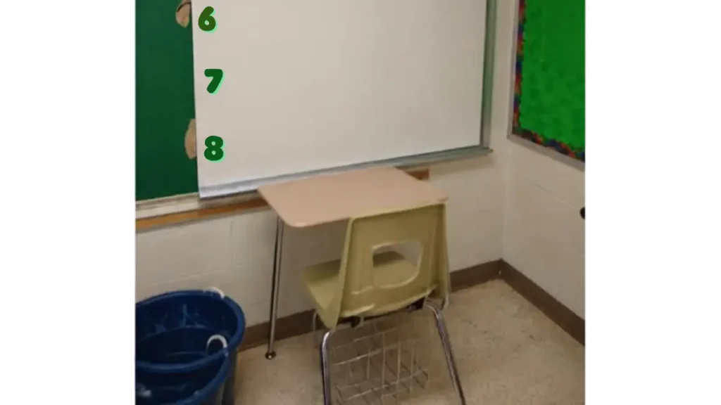 A composite of two original photos using AI to rotate a desk to face a wall, illustrating the concept of isolating a disruptive student from the group until behavior choices improve