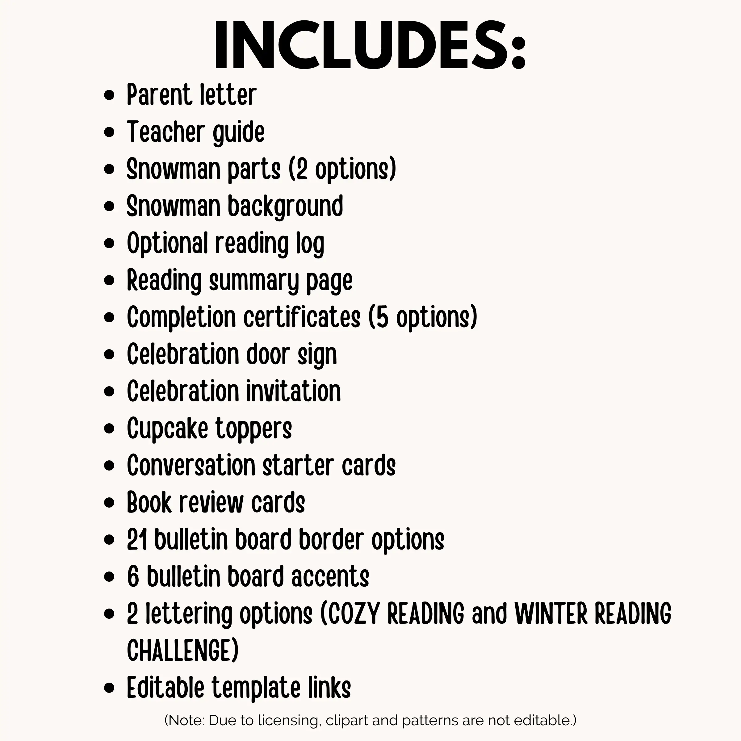 A list of parts included in the winter break reading homework challenge and celebration