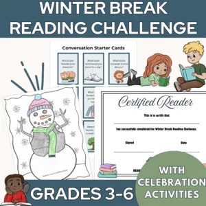 Winter break reading homework pages including a finished snowman tracker, reading certificate, and conversation cards