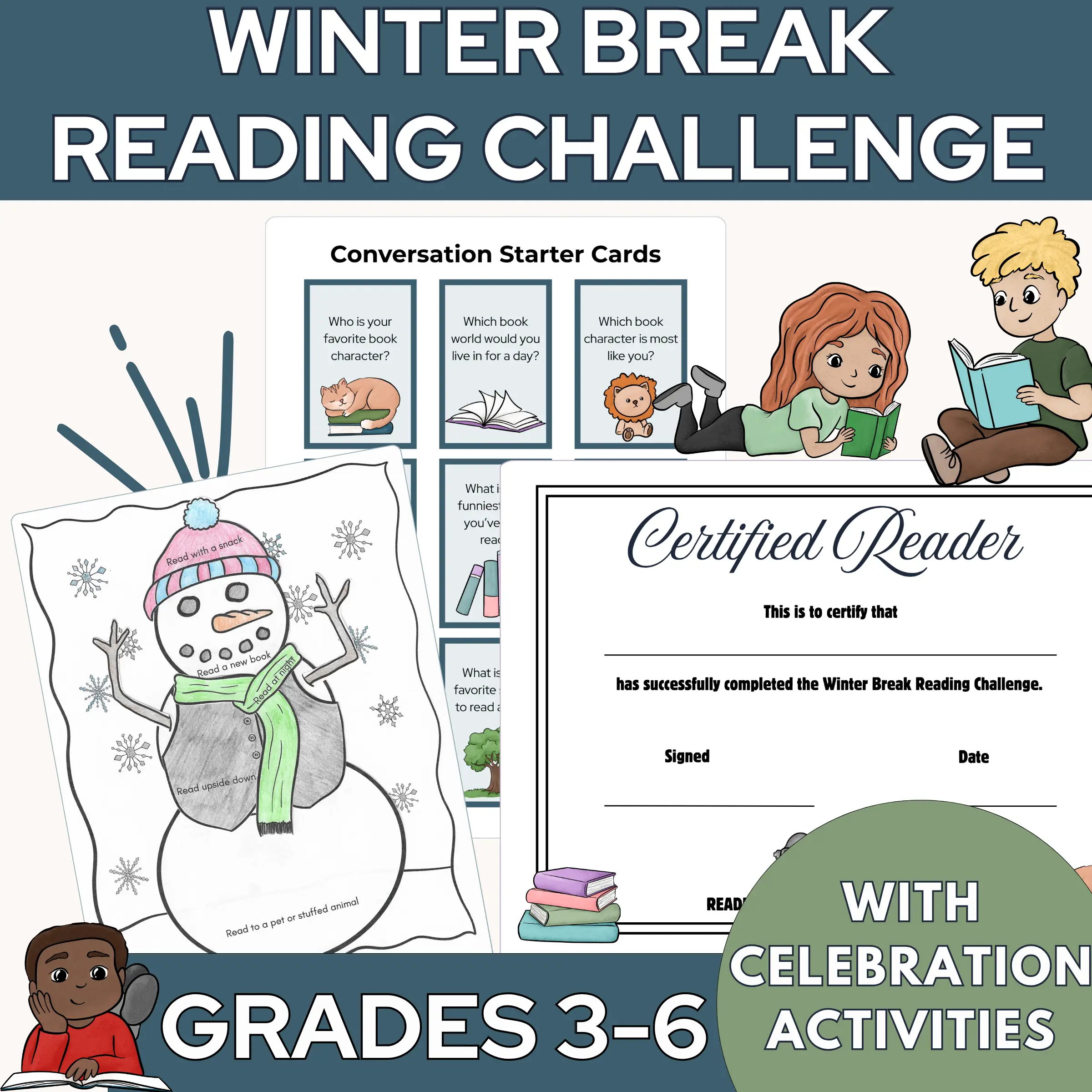 Winter break reading homework pages including a finished snowman tracker, reading certificate, and conversation cards