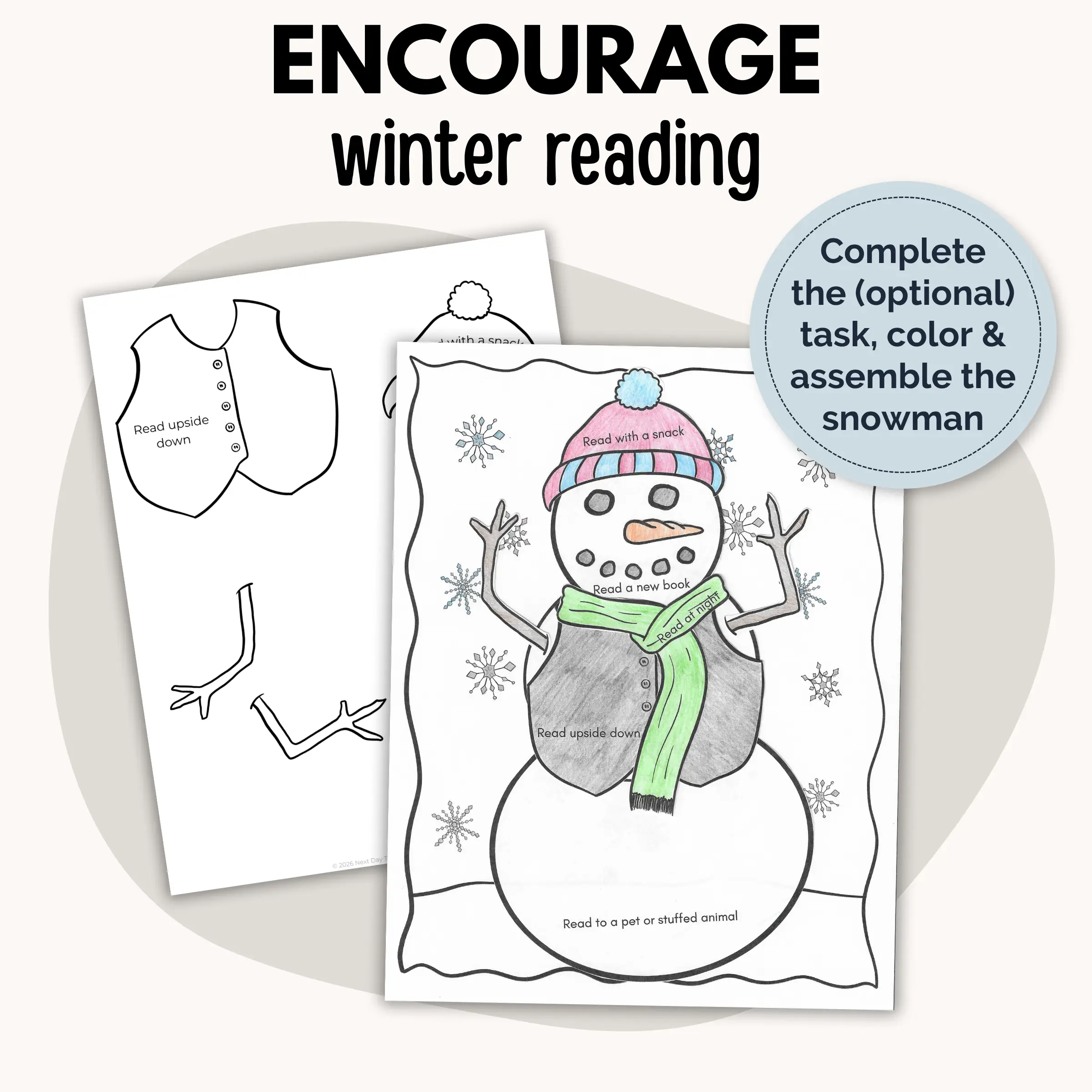 Encourage reading over winter break with a snowman-shaped reading tracker