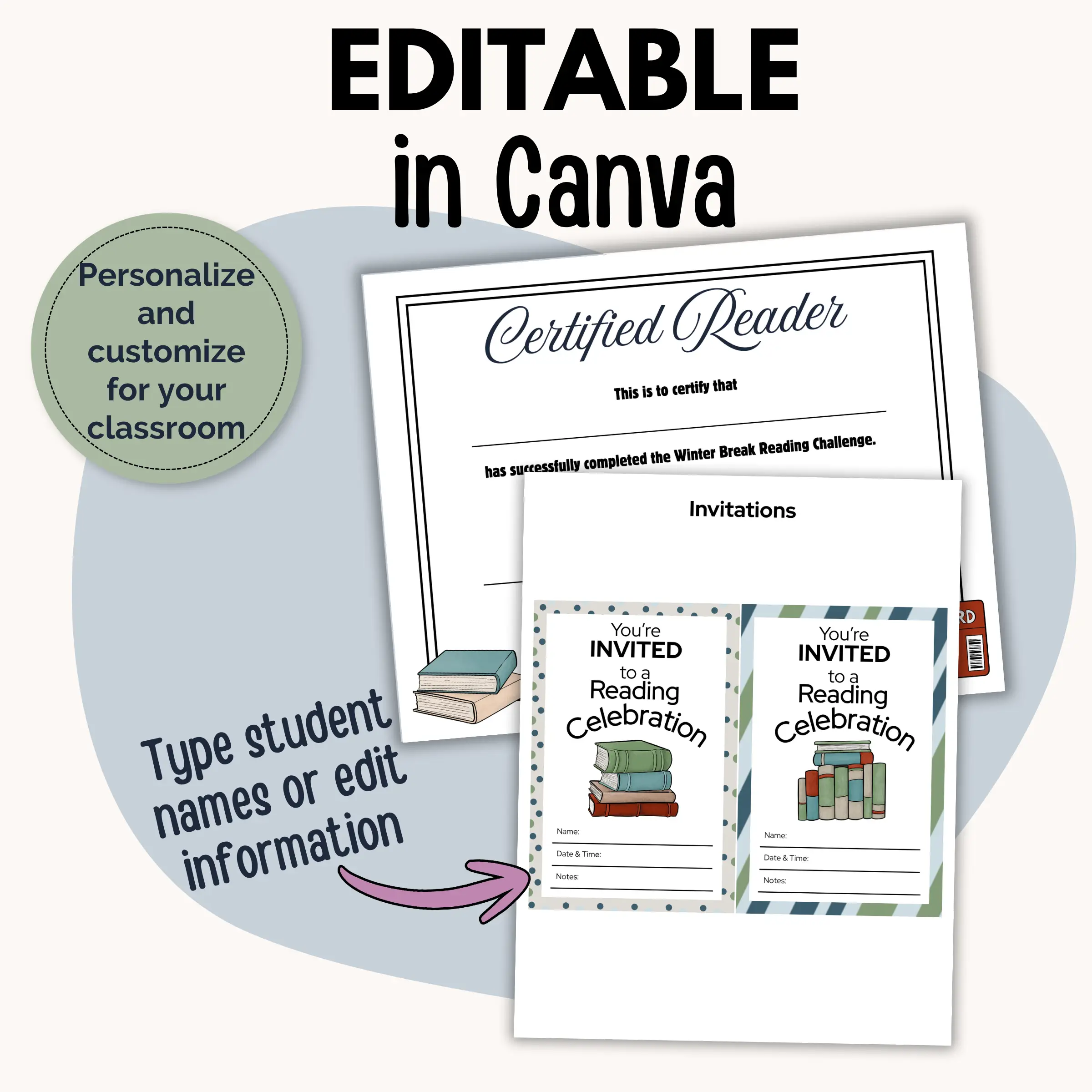 Reading celebration pages editable in Canva including party invitations and reading certificates
