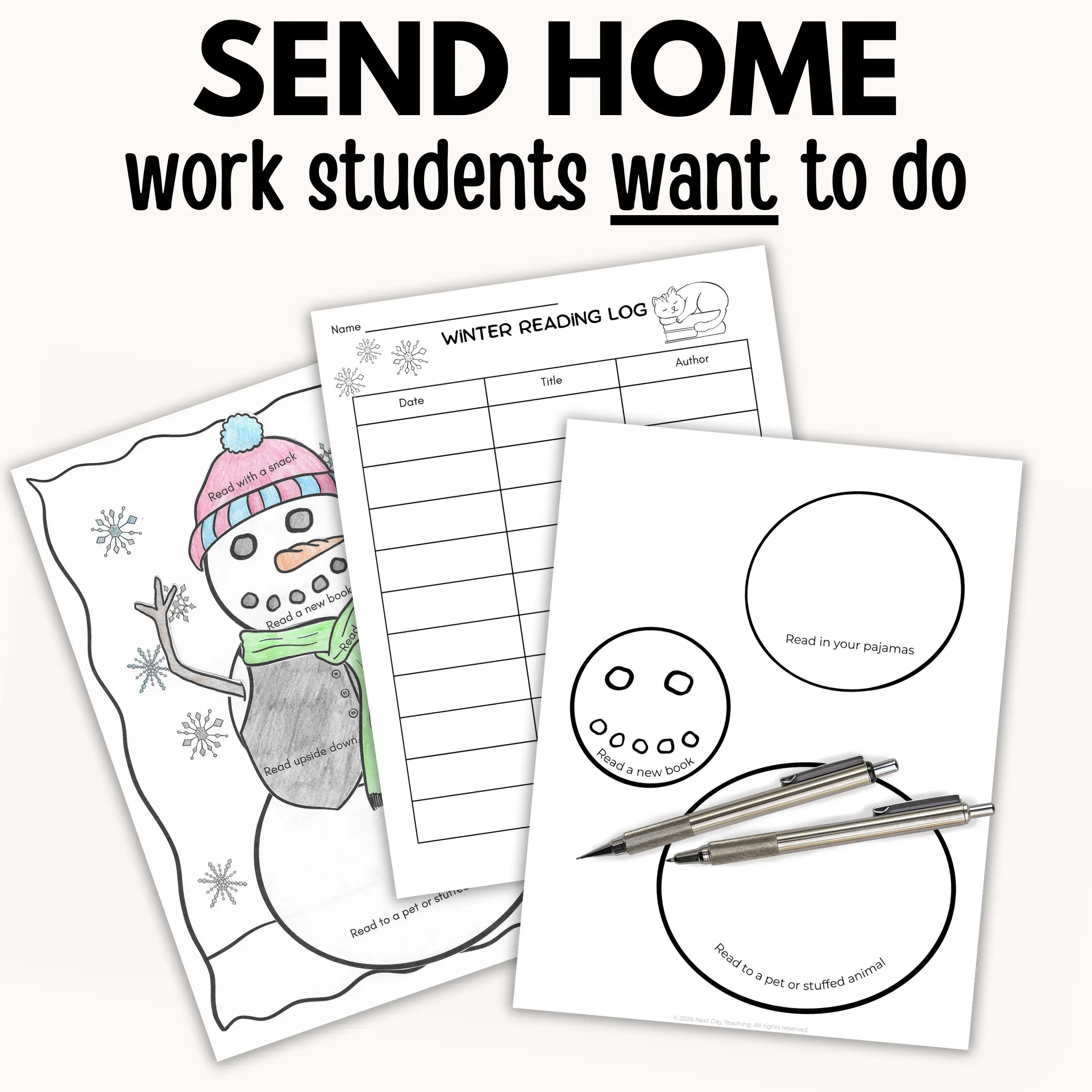 Reading homework students want to do showing snowman parts with reading tasks and a winter break reading log