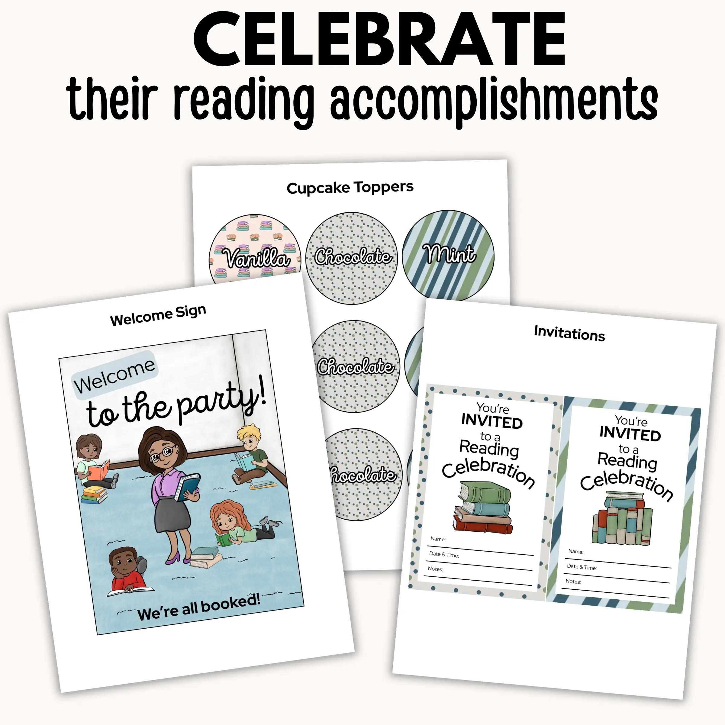 Reading party celebrations including a welcome sign, invitations, and cupcake toppers