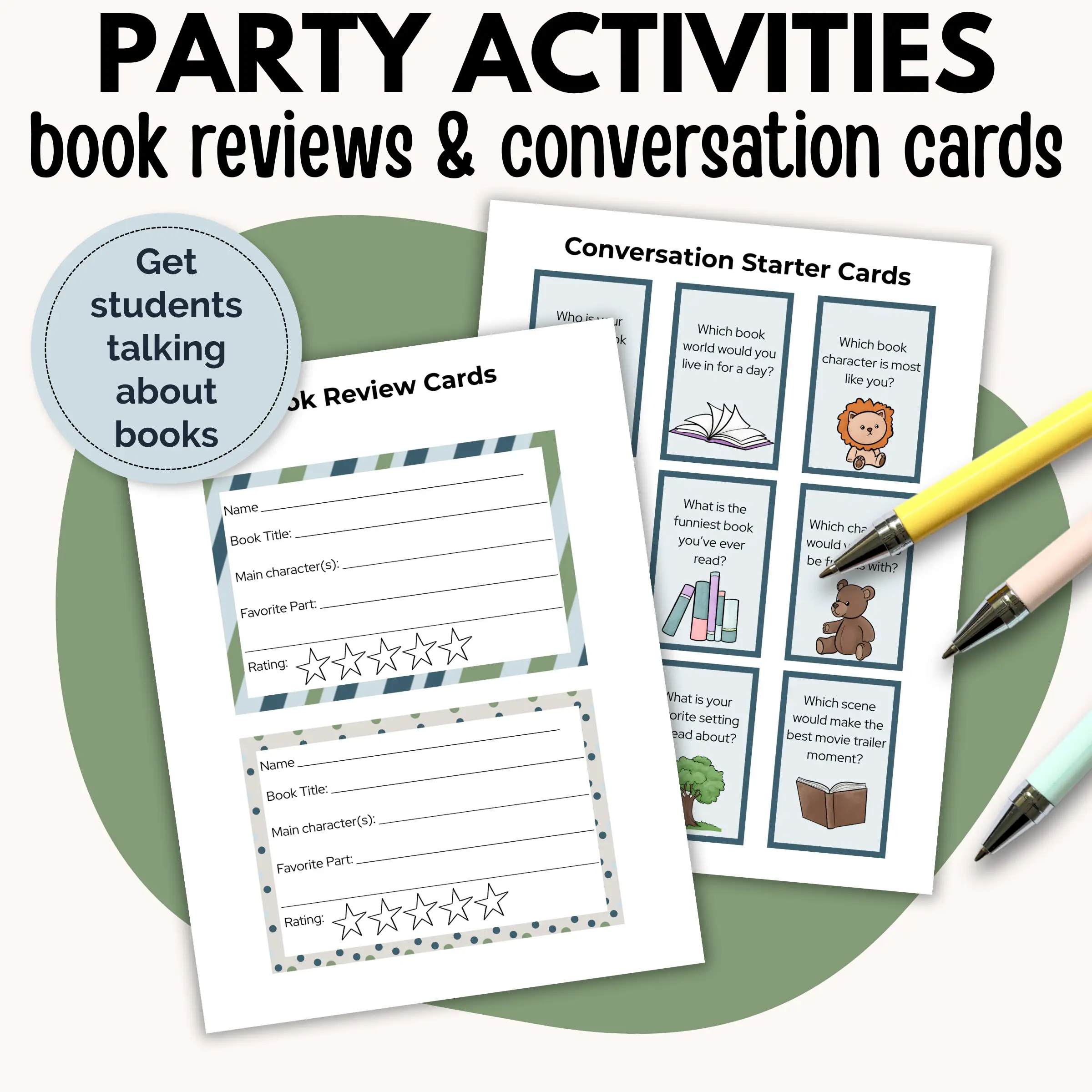 Reading party activities including book review cards and conversation starter cards to get students talking about books