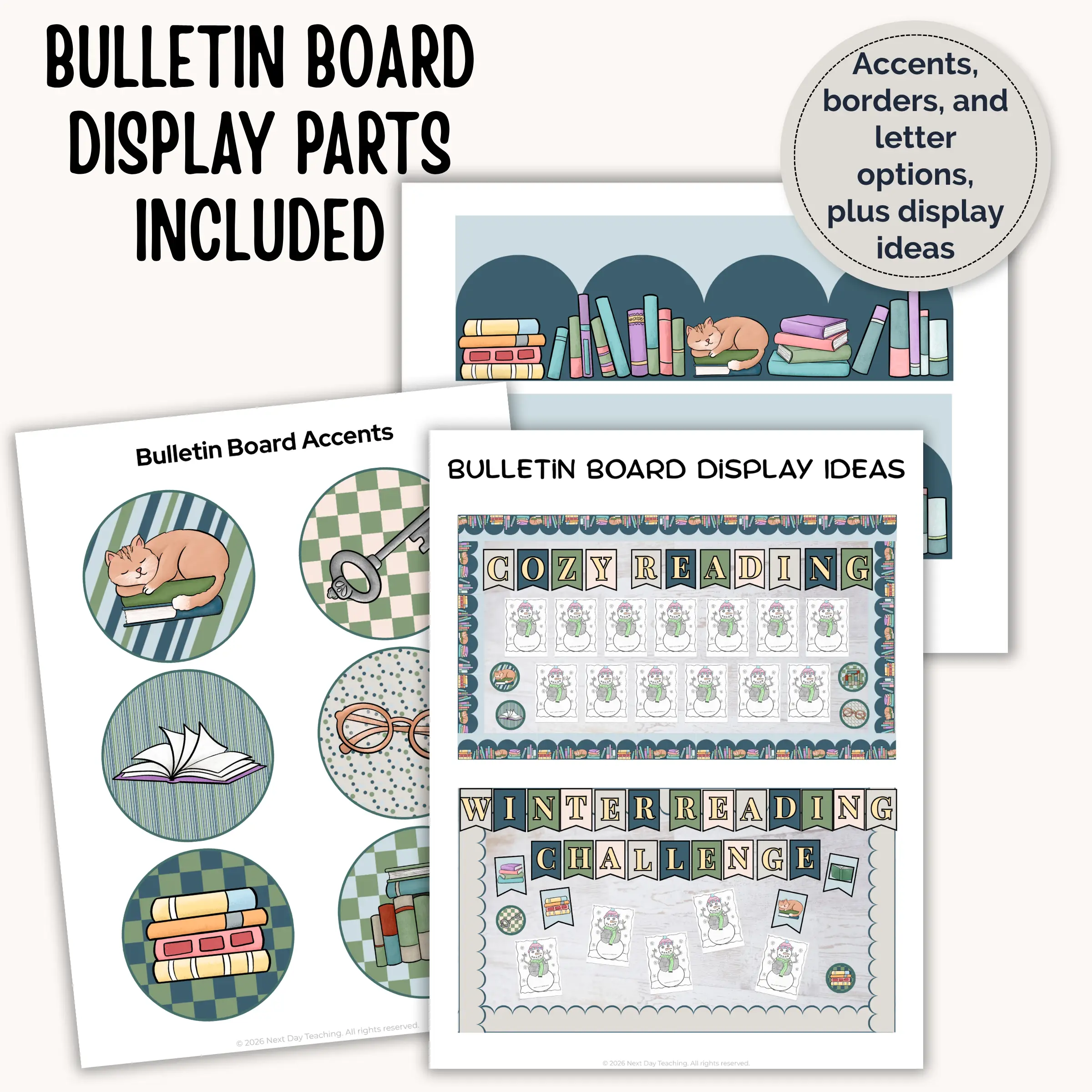 Reading celebration bulletin board display parts including borders, accents, and display ideas