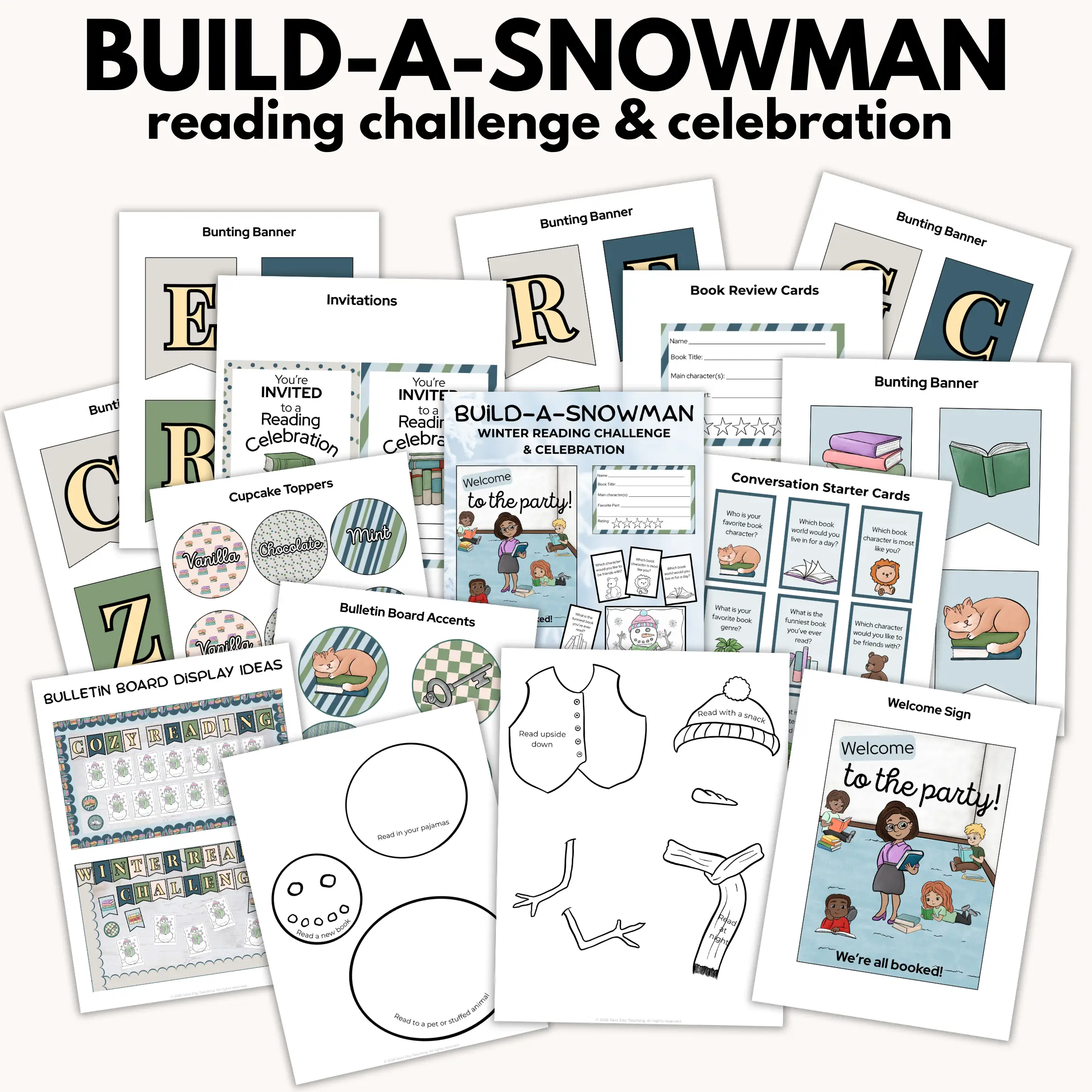 Build-a-snowman reading challenge and celebration with a spread of pages included in the set